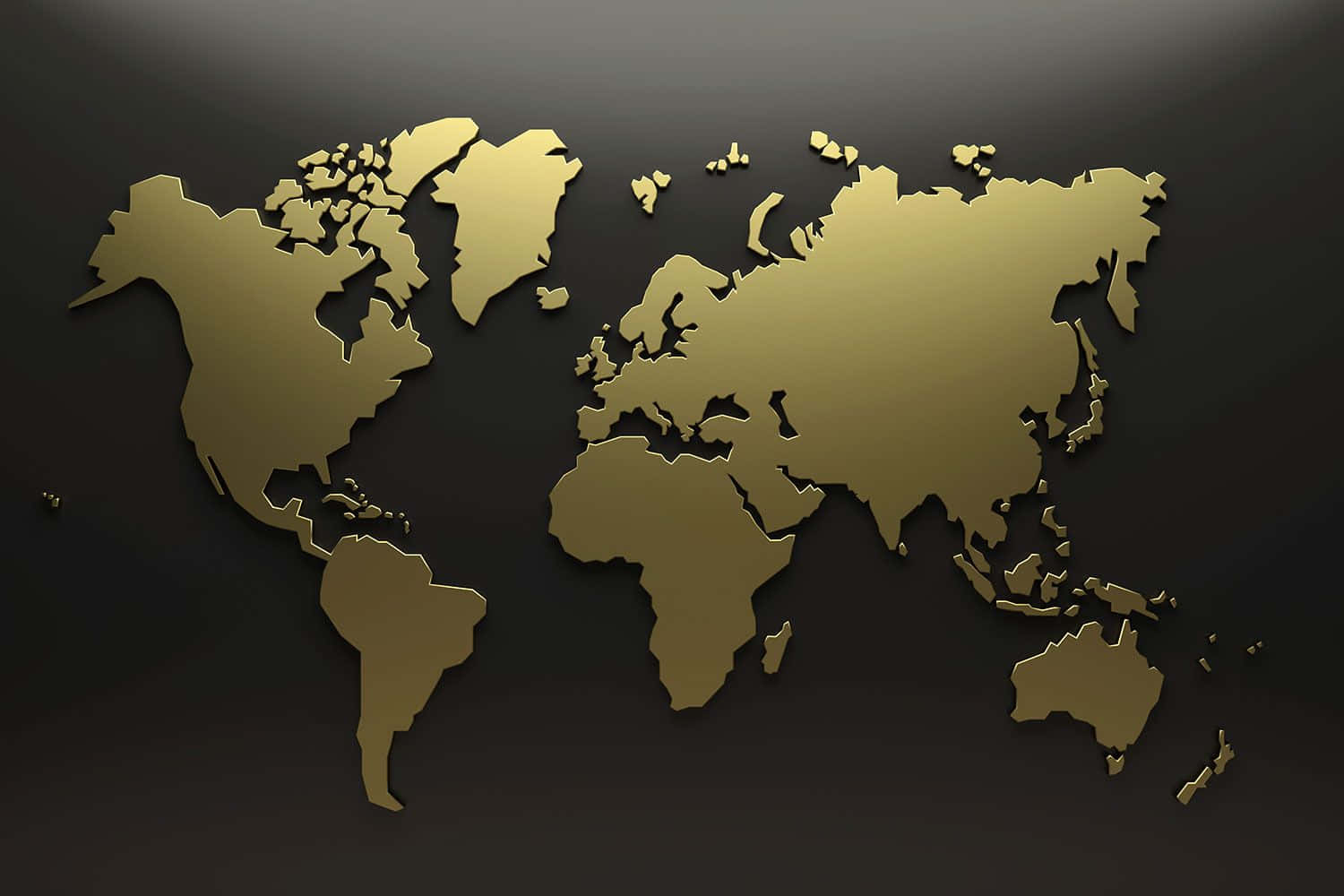 World 桌布 壁紙 — 一個時尚的金色3D世界地圖剪影在深色漸變背景上投下柔和陰影。