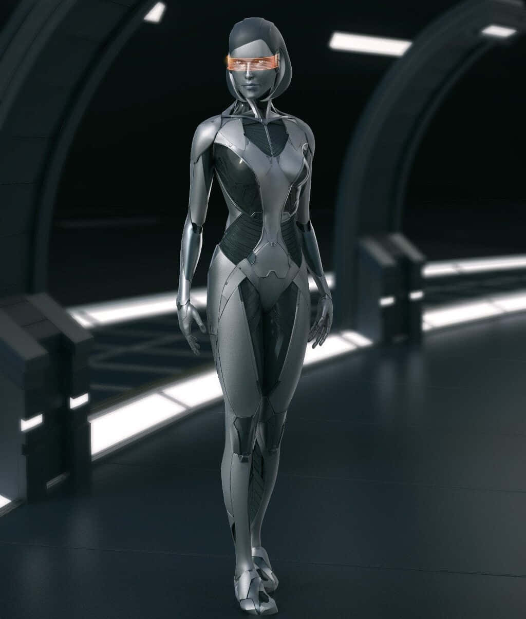 Mass Effect Edi 桌布 壁紙 — 一個時尚的銀色人形機械人，帶有發光的橙色護目鏡，走過一條由明亮白色霓虹燈條照亮的未來主義黑暗走廊。