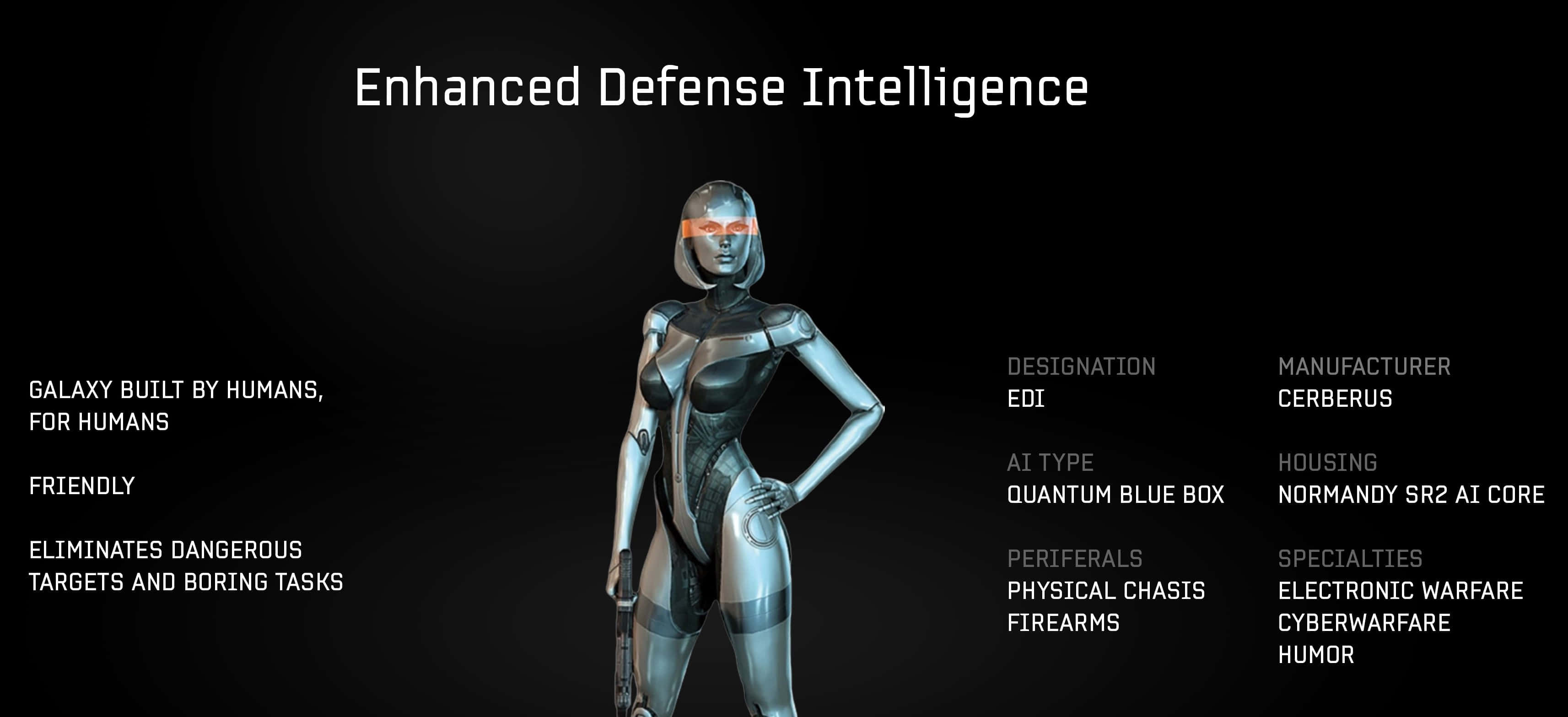 Mass Effect Edi 桌布 壁紙 — 一個時尚的銀色人形機械人，擁有發光的橙色眼睛，自信地站在黑色背景前，背景上有技術規格文字。
