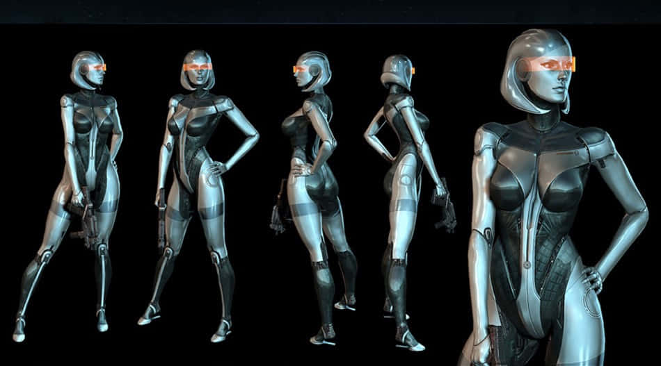 Mass Effect Edi 桌布 壁紙 — 一個時尚的銀色女性機械人，帶有發光的橙色面罩，在黑色背景上以多種姿勢展示。