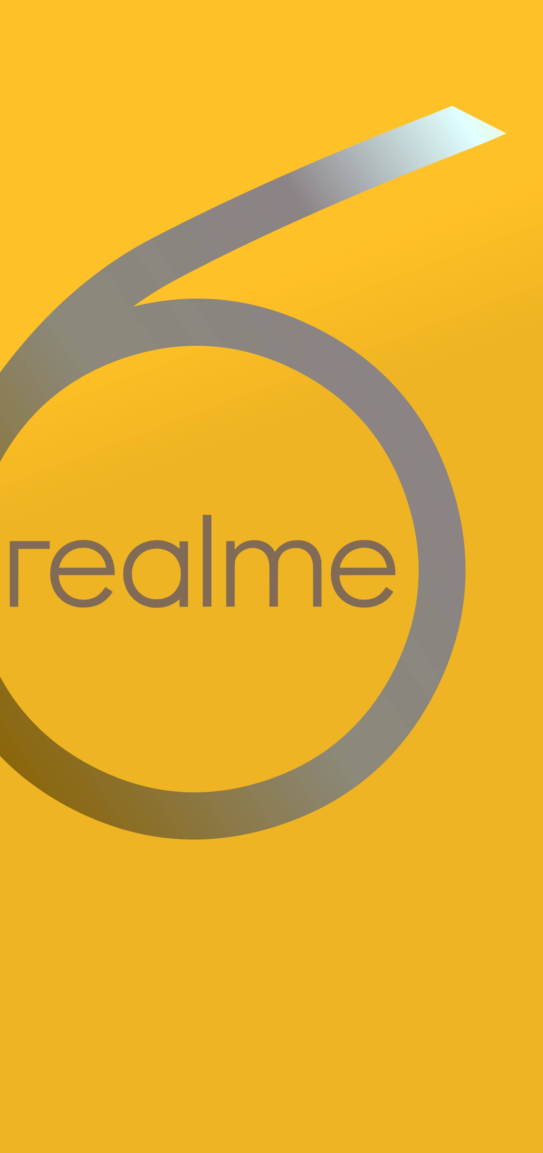 Realme Logo Gold 6 壁紙 — 一個時尚的銀色數字六標誌，中央帶有 'realme' 文字，背景為鮮豔的黃色漸變。