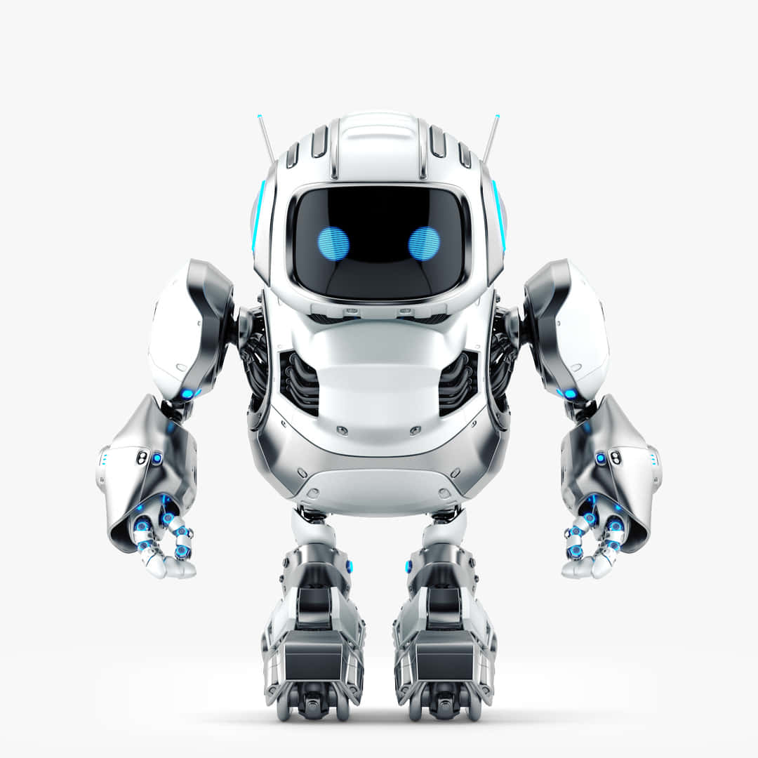 Kawaii Robot 桌布 壁紙 — 一個時尚的銀色機械人，帶有發光的藍色眼睛和天線，站在純白色背景前。
