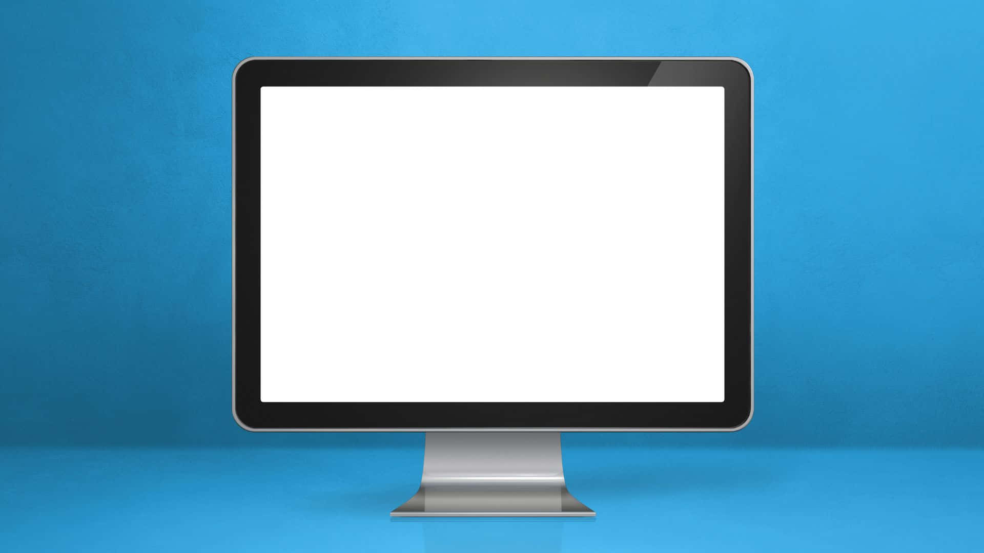 Computer Screen 桌布 壁紙 — 一個時尚的銀色電腦顯示器，帶有空白白色屏幕，居中放置在純藍色背景上。