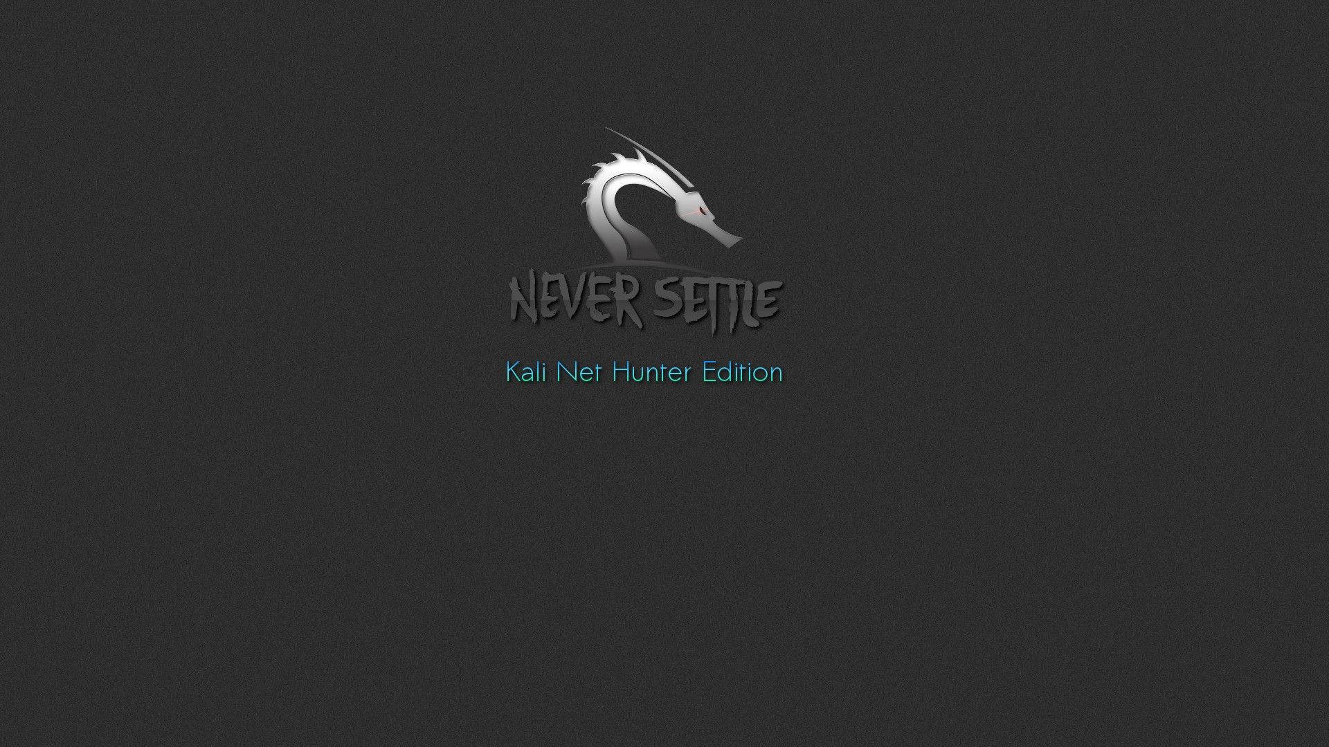 Kali Linux Net Hunter HD 壁紙 — 一個時尚的銀色龍標誌，帶有紅色眼睛和「Never Settle」文字，背景為深灰色紋理。