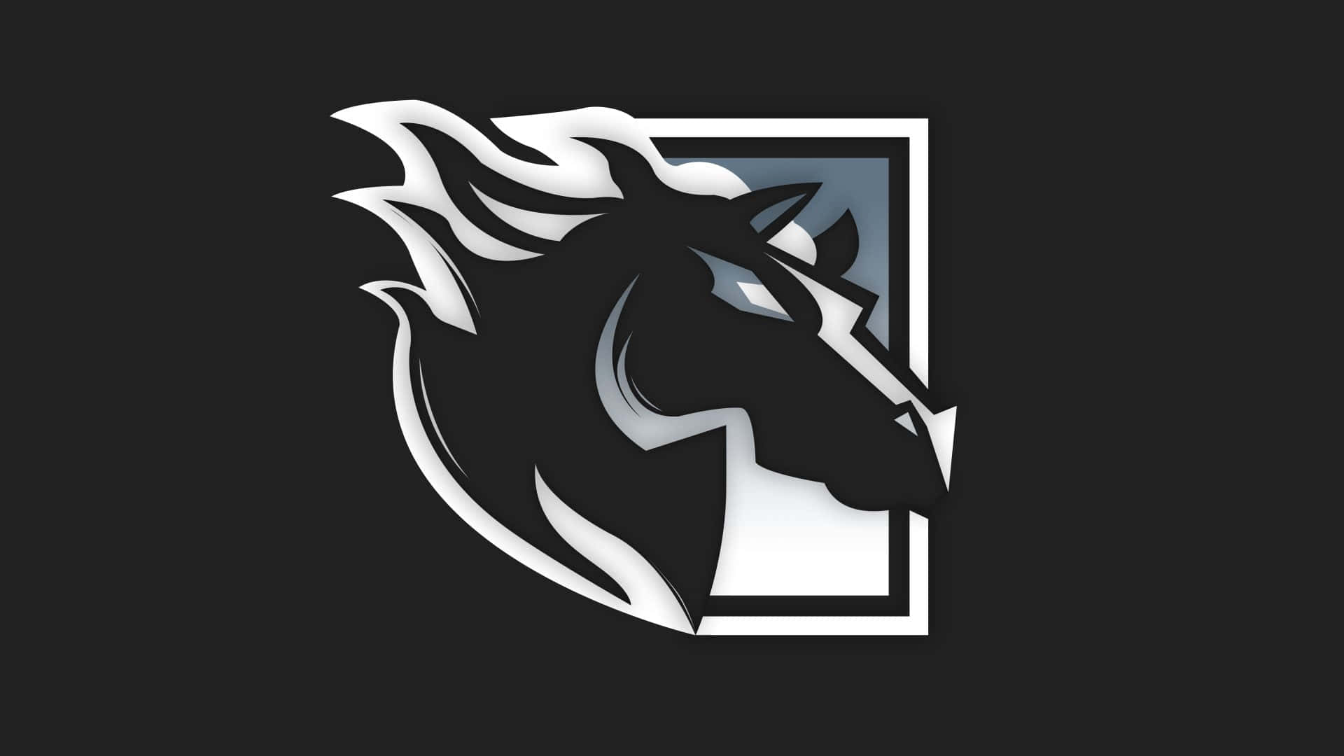 Rainbow Six Siege Maverick 桌布 壁紙 — 一個時尚的黑白風格化馬頭標誌，帶有流動的鬃毛，位於深色背景上的方形框架內。