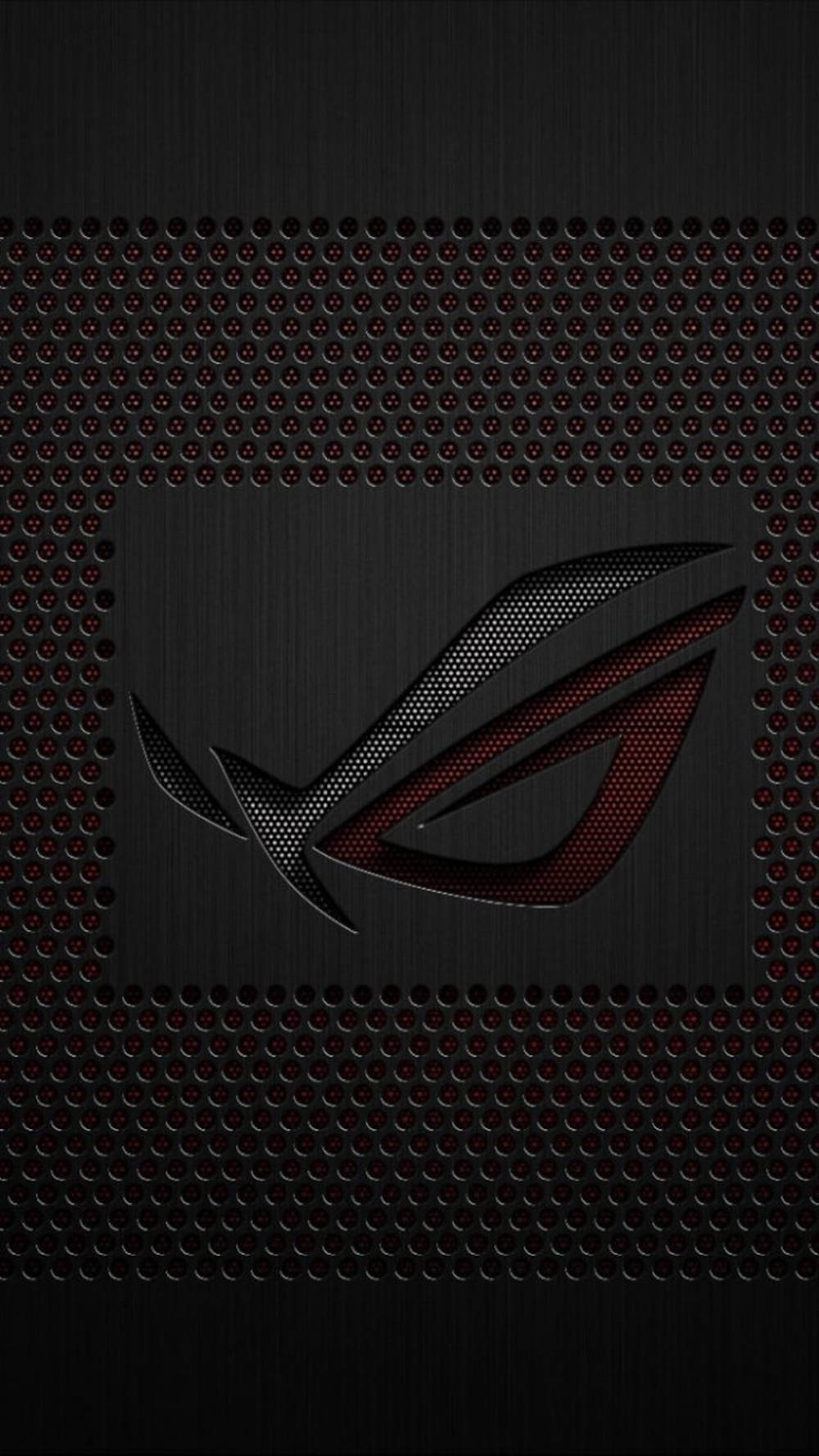 ASUS ROG 桌布 壁紙 — 一個時尚的黑紅ROG標誌，置中於穿孔金屬格柵上，帶有微妙的紅色發光點綴。