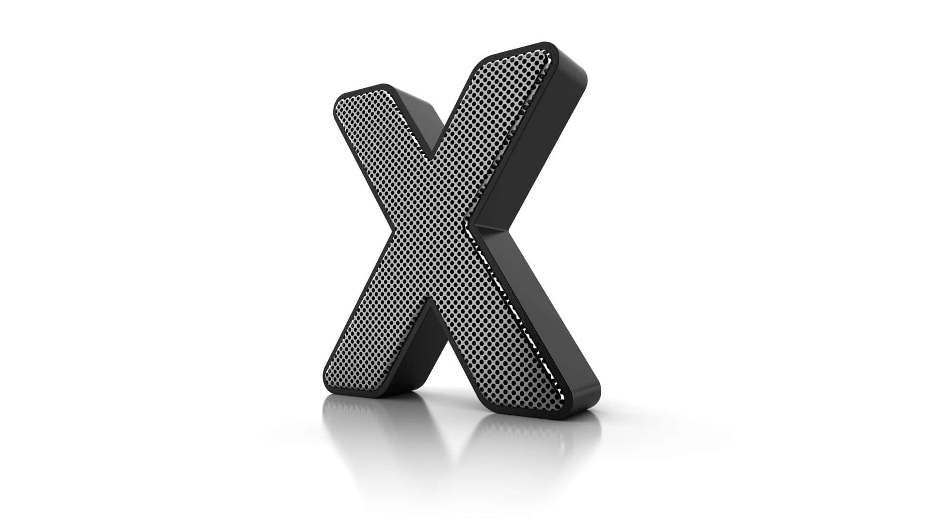 X 桌布 壁紙 — 一個時尚的黑色3D字母X，帶有穿孔格柵，孤立地立在反光的白色表面上。