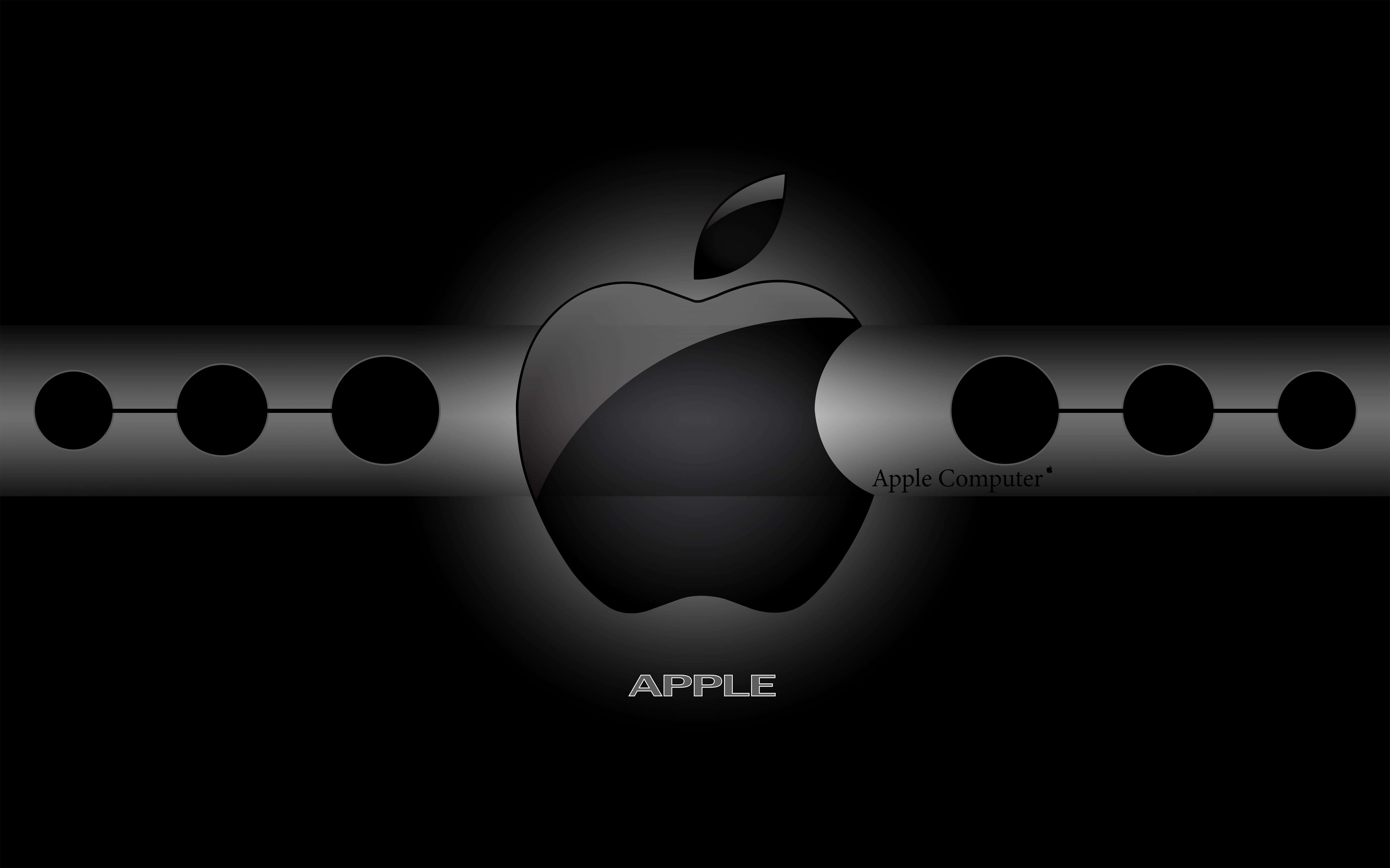 4K Apple 桌布 壁紙 — 一個時尚的黑色Apple標誌在帶有金屬條和點的深色背景上柔和發光。