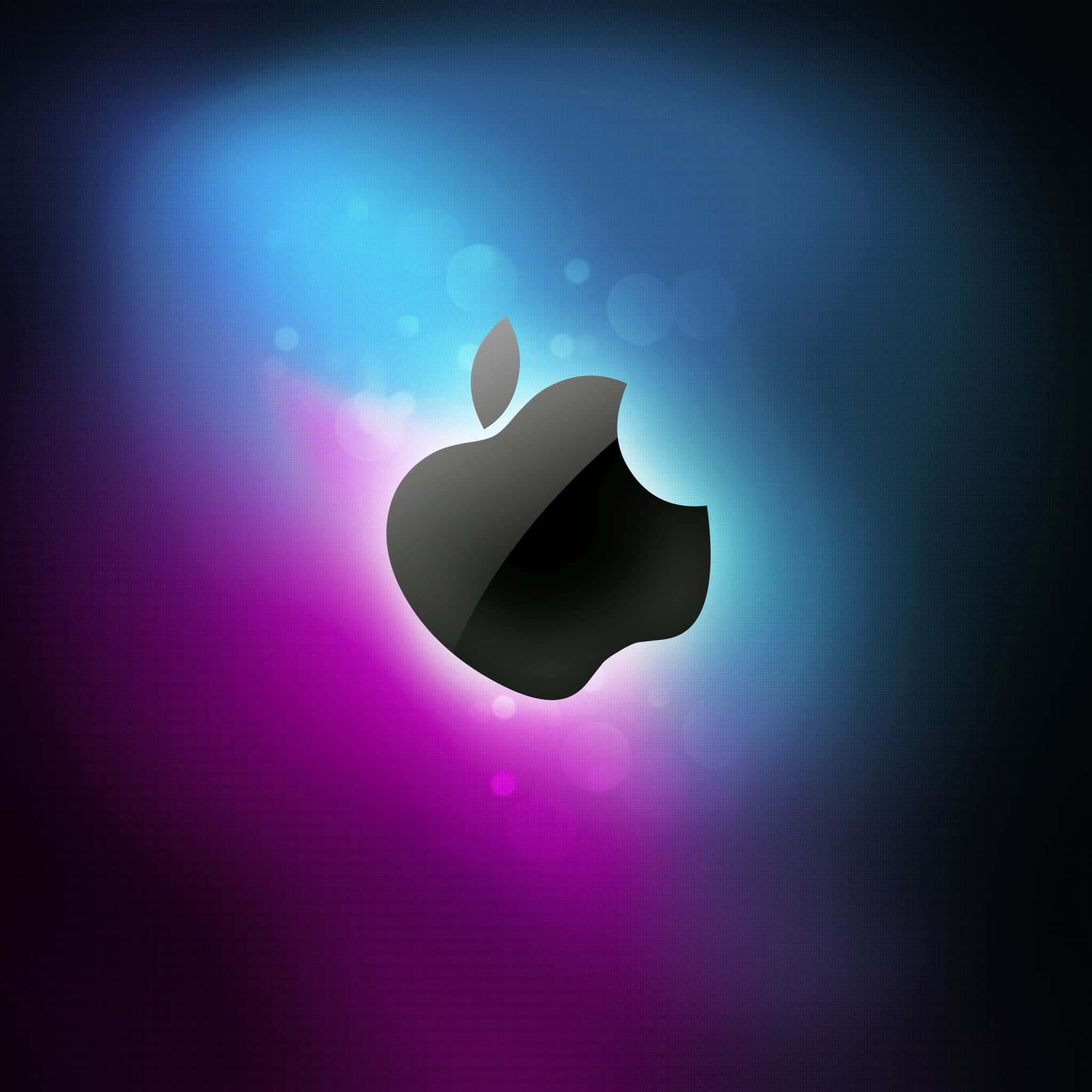 蘋果標誌 桌布 壁紙 — 一個時尚的黑色Apple標誌在藍色和紫色的鮮豔漸變中發光，伴隨著柔和的散景燈光。