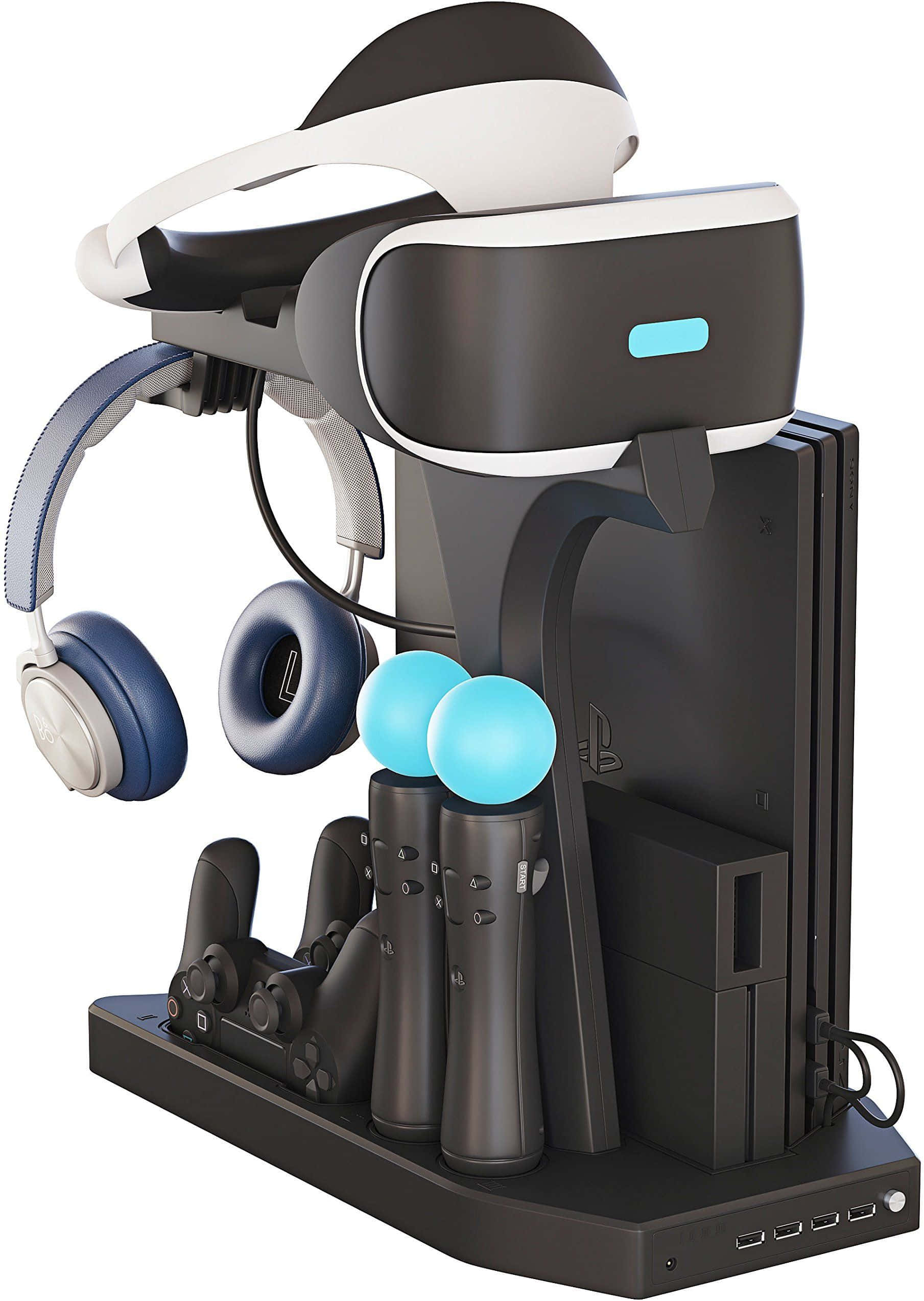 Gaming Accessories 桌布 壁紙 — 一個時尚的黑色PlayStation VR頭戴式裝置及配件整齊地排列在現代充電座上，背景為白色。