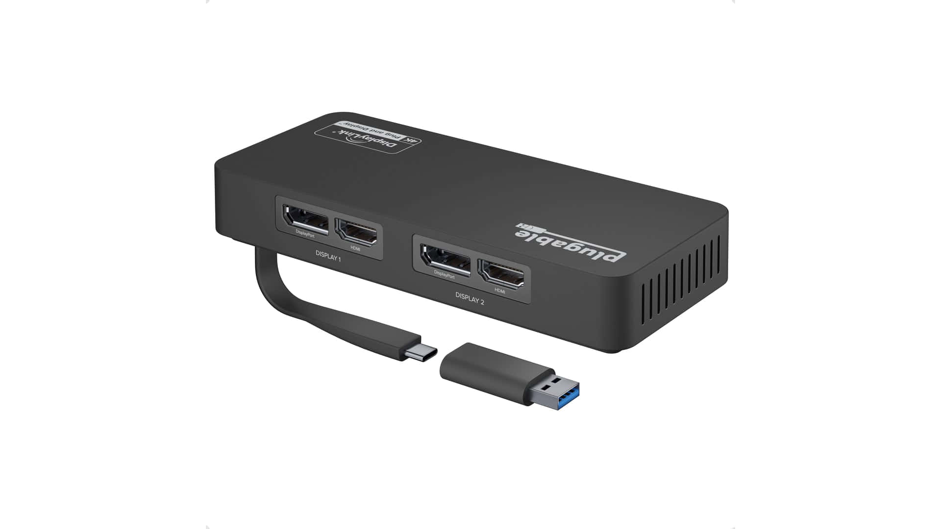 Hdmi 桌布 壁紙 — 一個時尚的黑色Pluggable多端口HDMI分線器，帶有USB-C線纜和USB-A適配器，置於潔白背景上。