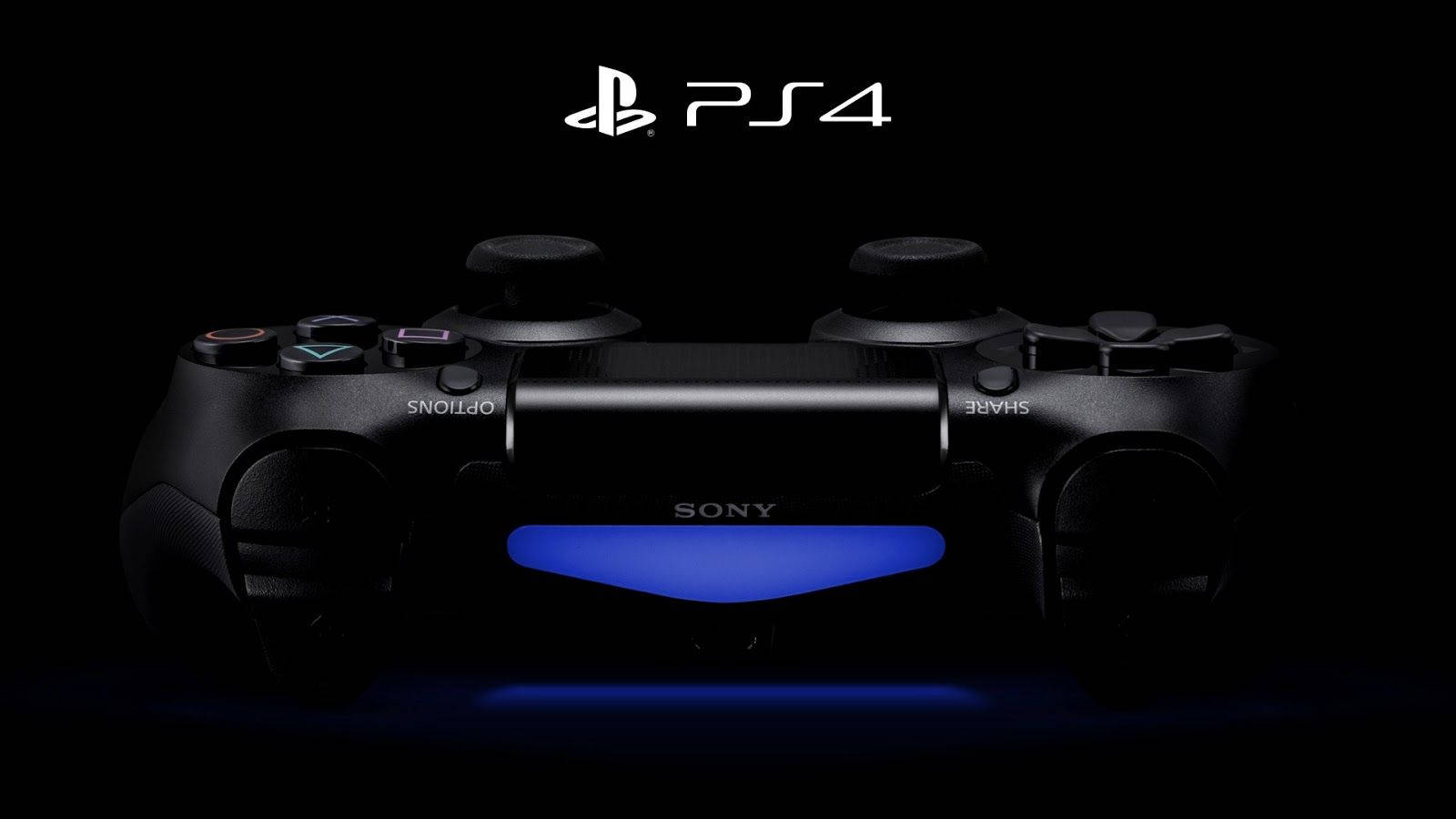 遊戲 桌布 壁紙 — 一個時尚的黑色PS4手掣在深色背景上發出藍光，上方有PS4標誌。