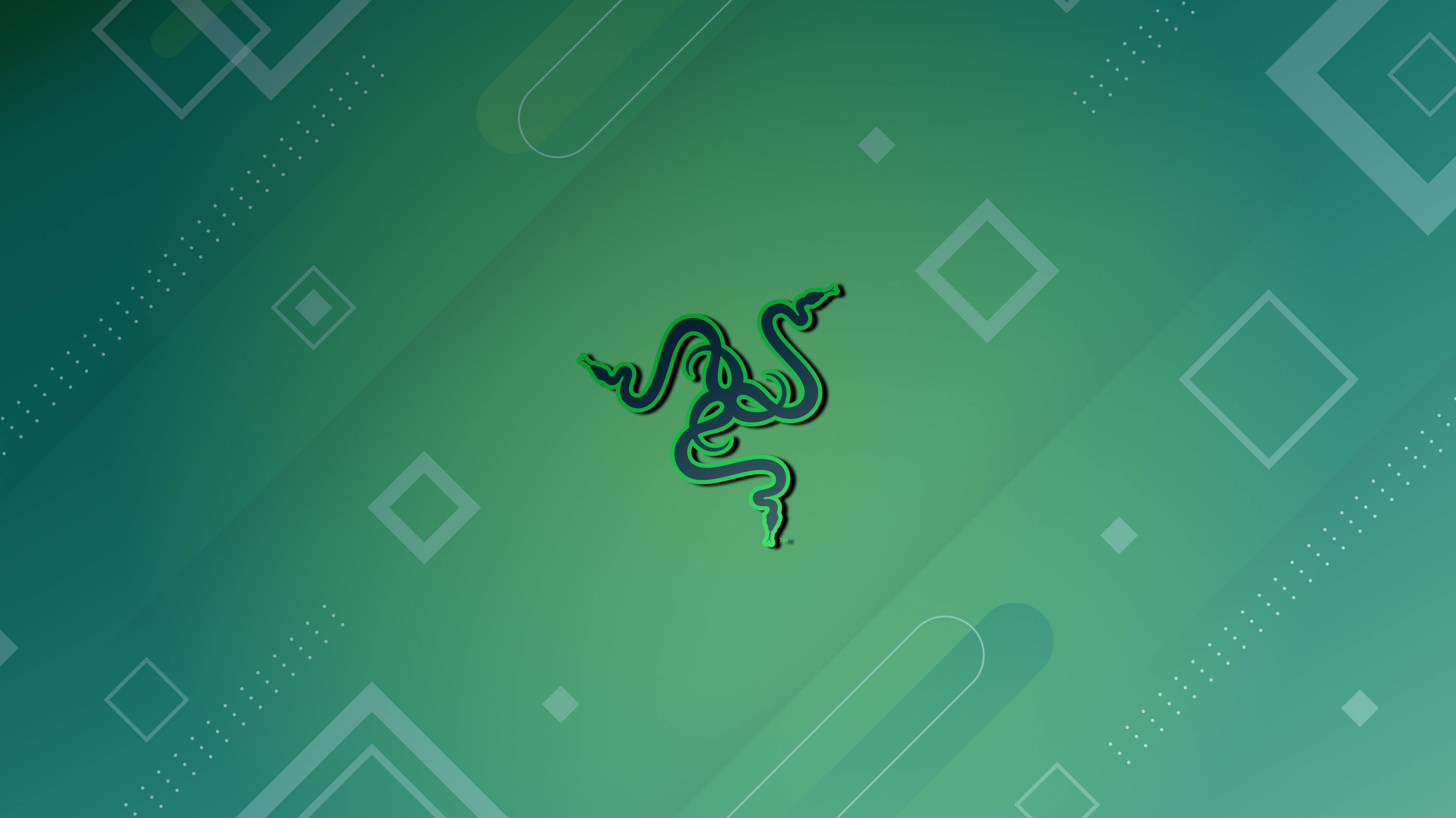 Logo 桌布 壁紙 — 一個時尚的黑色Razer標誌在點綴著幾何圖案的漸變綠色背景上盤繞。