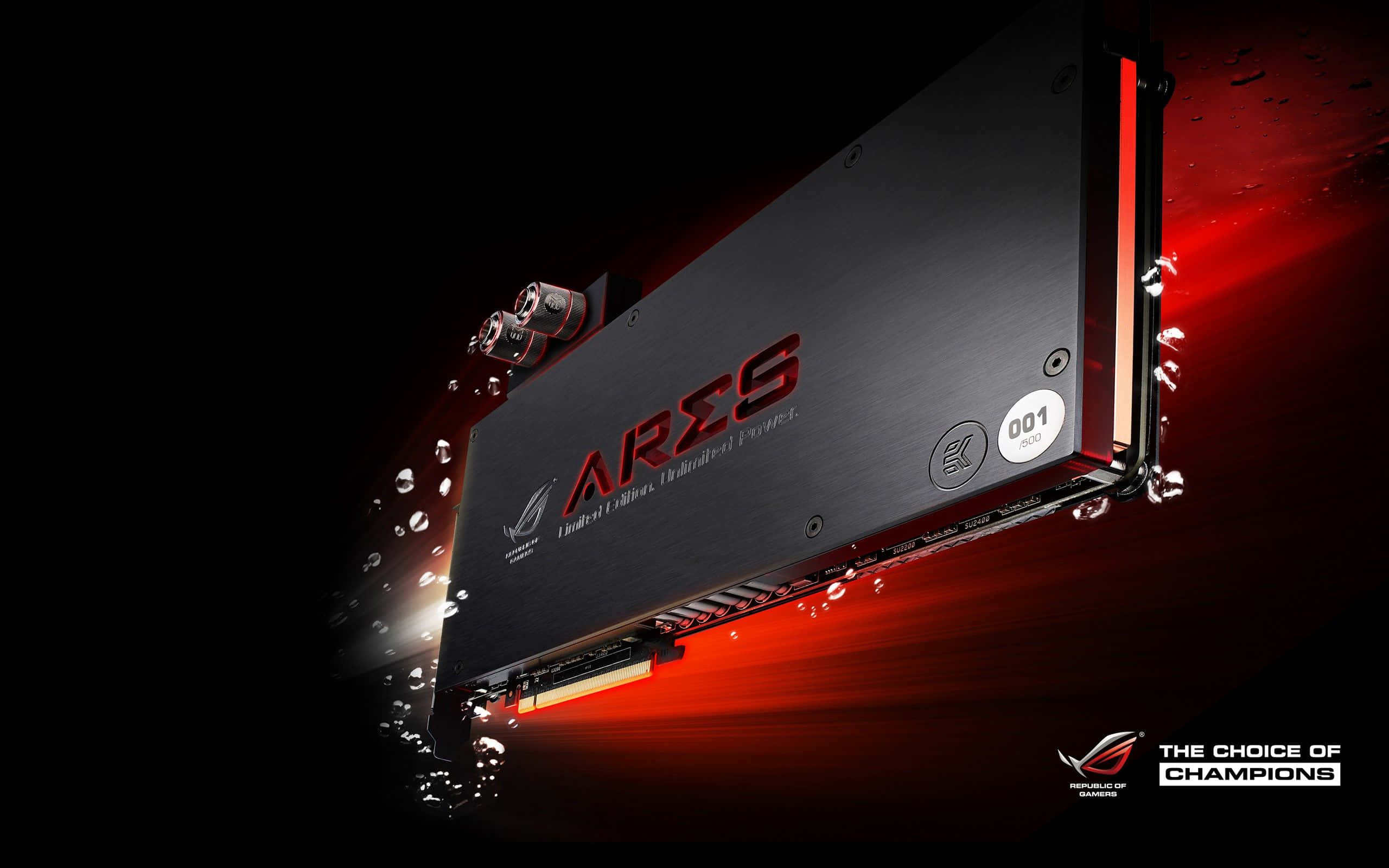4K Graphics Cards 桌布 壁紙 — 一個時尚的黑色ROG ARES DDR5 RAM模組在黑暗背景中散發著鮮豔的紅色光芒，並帶有漂浮的水滴。