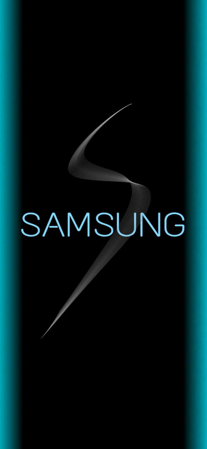 Galaxy S 桌布 壁紙 — 一個時尚的黑色Samsung標誌，在深色背景上帶有發光的青色垂直條紋。