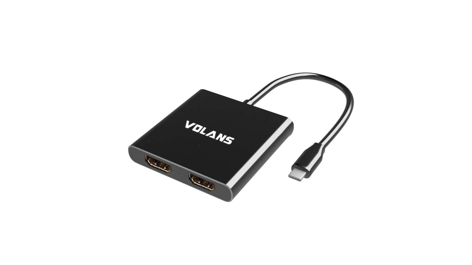 Hdmi 桌布 壁紙 — 一個時尚的黑色VOLANS USB-C轉HDMI轉接器，帶有短線，放在乾淨的白色背景上。