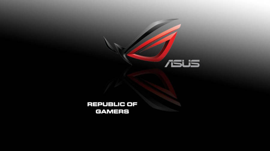 Gamer Logo 桌布 壁紙 — 一個時尚的黑色和紅色ASUS ROG標誌，帶有反光表面，置於漸變深色背景上。