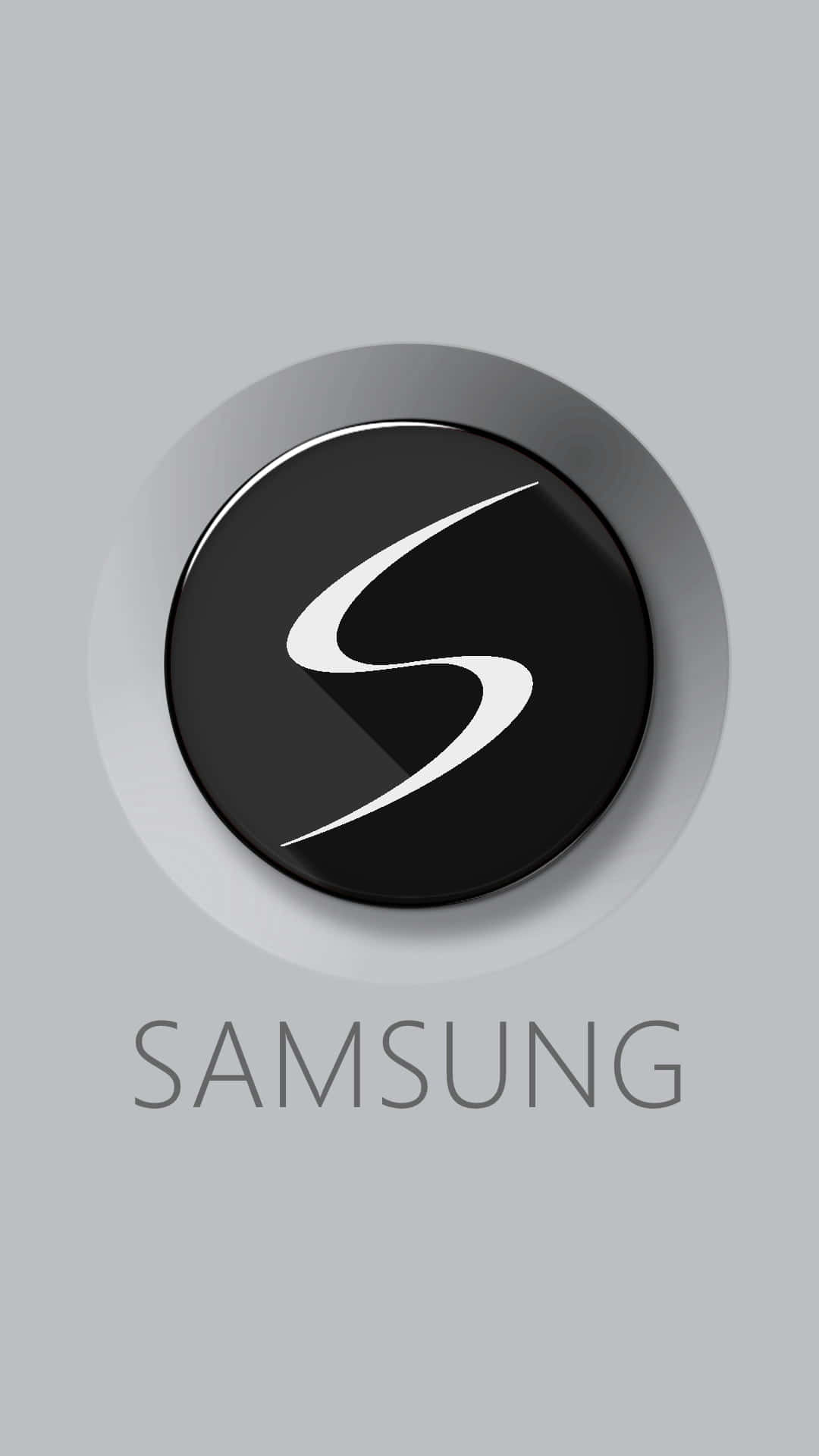 Galaxy S 桌布 壁紙 — 一個時尚的黑色圓形Samsung標誌，帶有白色風格化S，居中放置在簡約的灰色背景上。