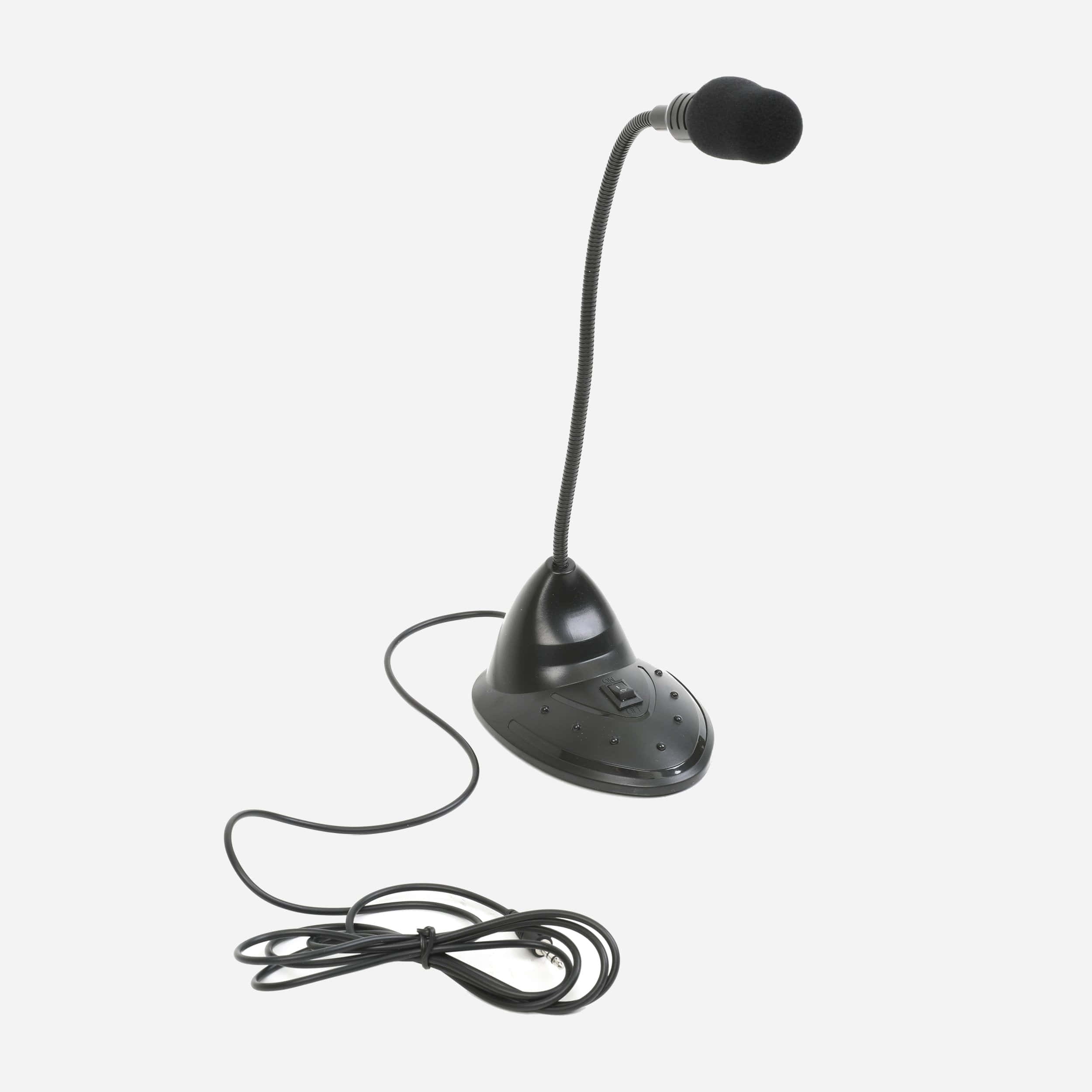 Microphone 桌布 壁紙 — 一個時尚的黑色桌面咪高峰，帶有靈活的鵝頸管和螺旋電線，置於純白色背景前。