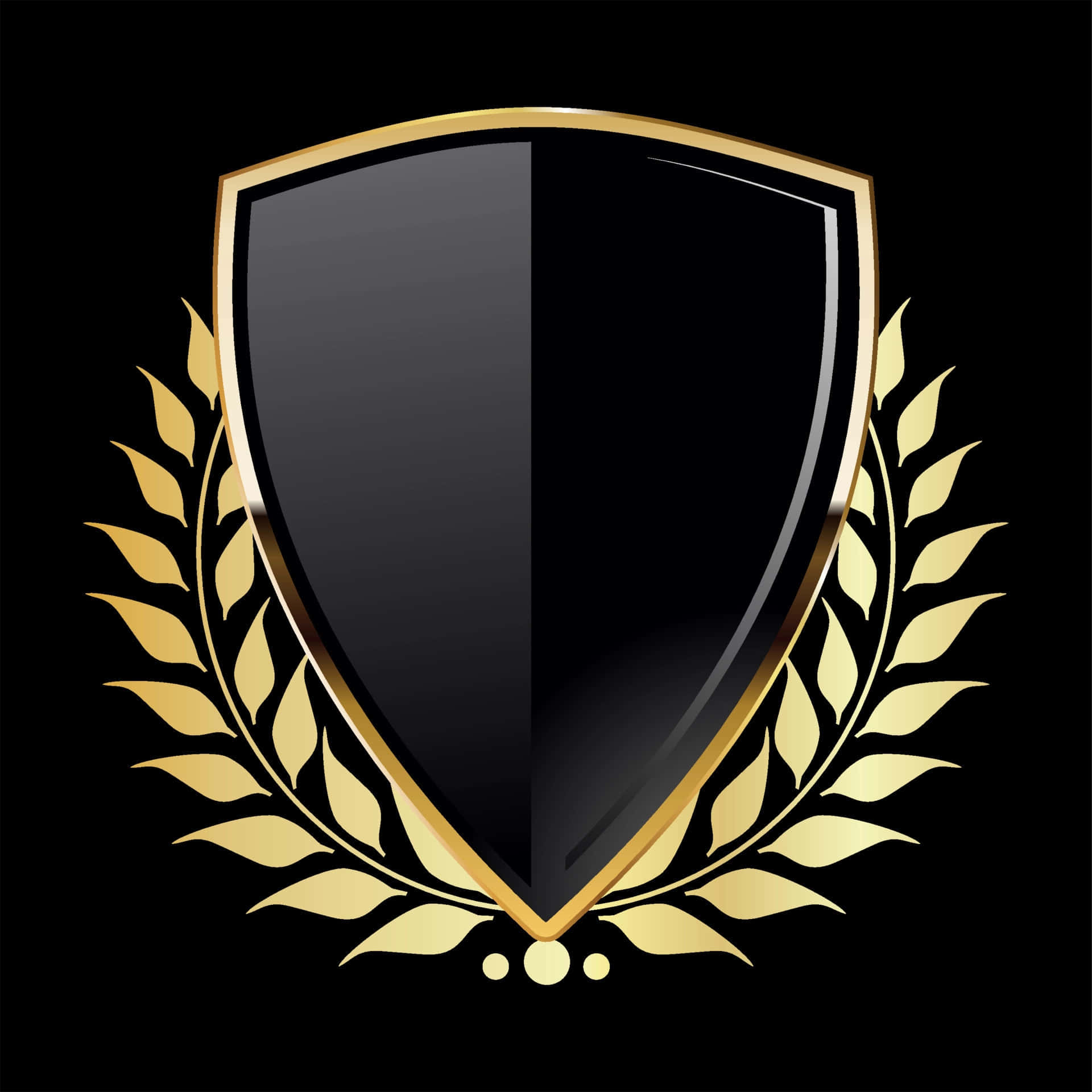 shield 桌布 壁紙 — 一個時尚的黑色盾牌，帶有金色邊飾和月桂花環，置於純黑色背景上。