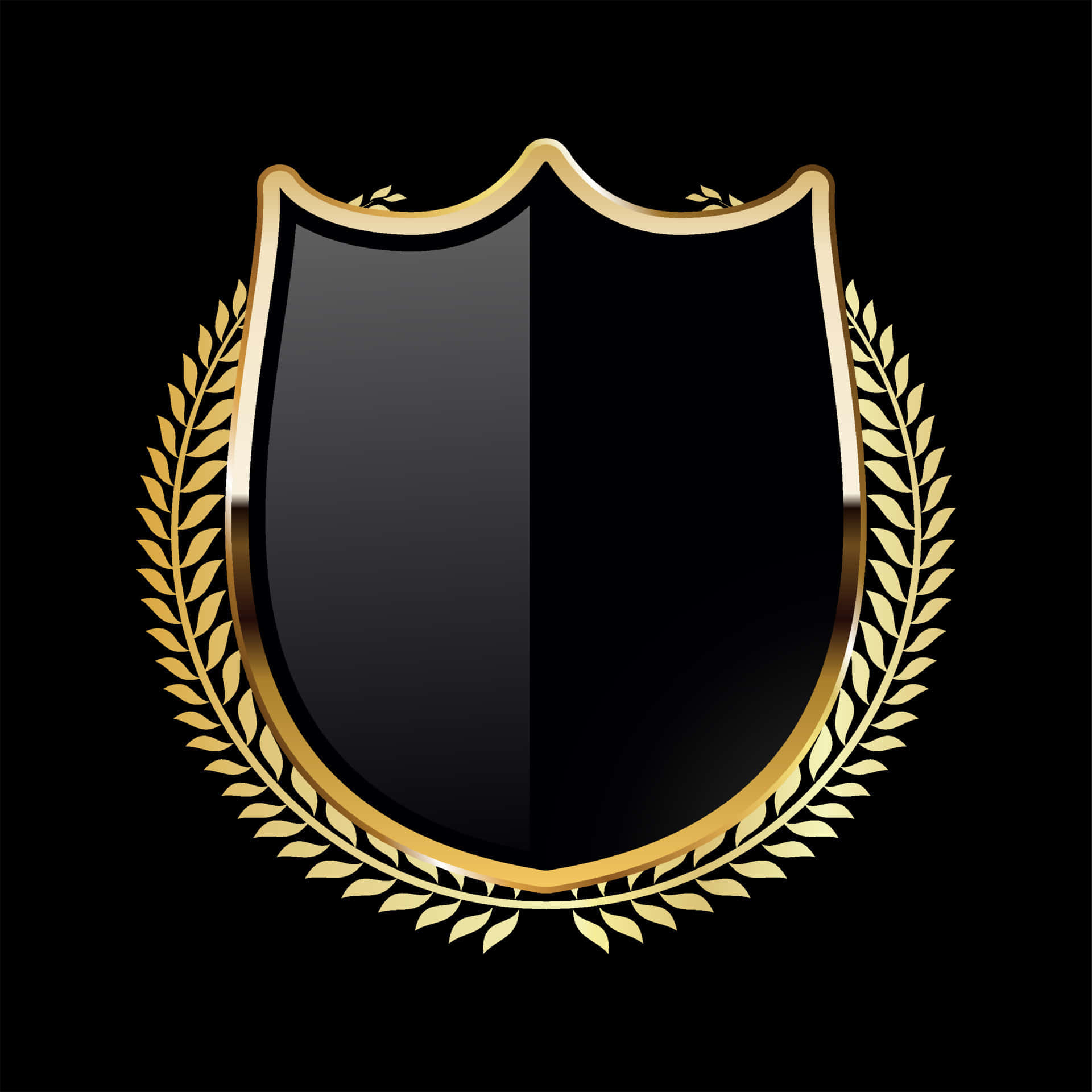 shield 桌布 壁紙 — 一個時尚的黑色盾牌，帶有金色飾邊和月桂花環，背景為純黑色。