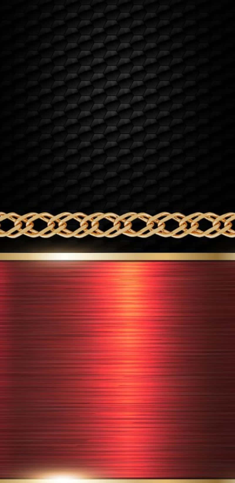 Red And Gold 桌布 壁紙 — 一個時尚的黑色碳纖維背景，由一條金色鏈條和細條分隔，上方是充滿活力的拉絲紅色金屬表面。