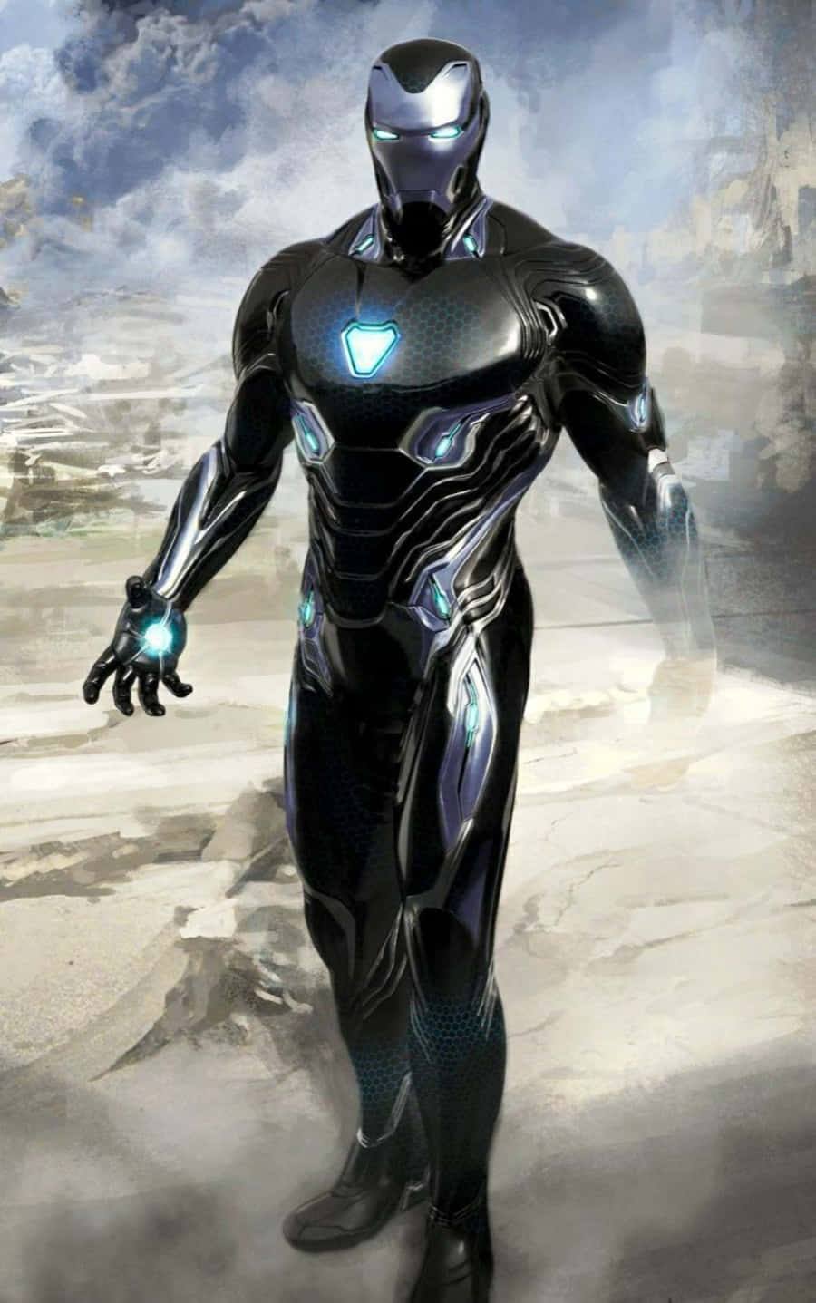 Vibranium Suit 桌布 壁紙 — 一個時尚的黑色裝甲超級英雄，帶有發光的藍色點綴，自信地站在多雲的天空和廢墟城市景觀前。