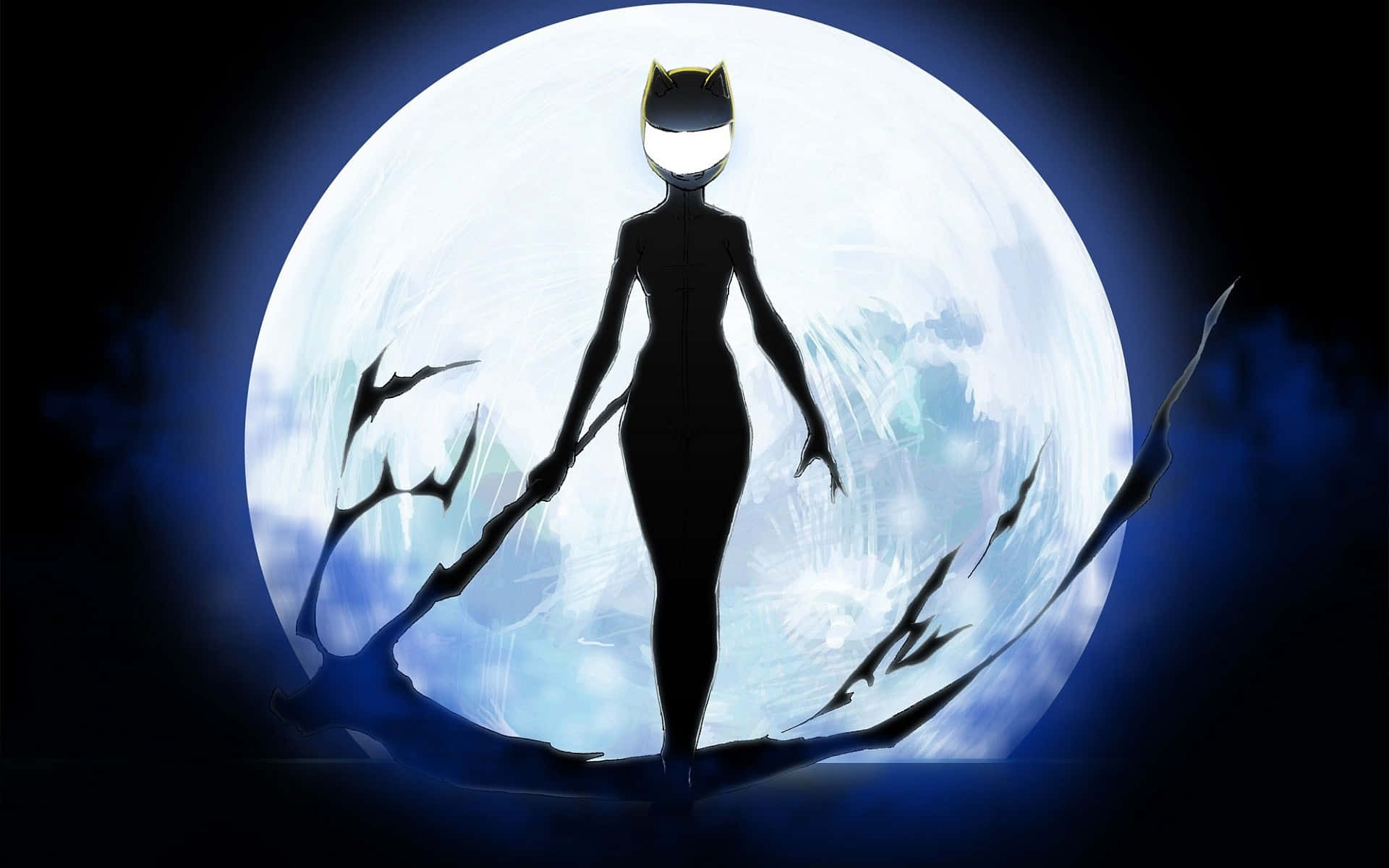Celty Sturluson 桌布 壁紙 — 一個時尚的黑色貓女剪影，站在斷裂的樹枝上，背景是深藍色夜空中發光的滿月。
