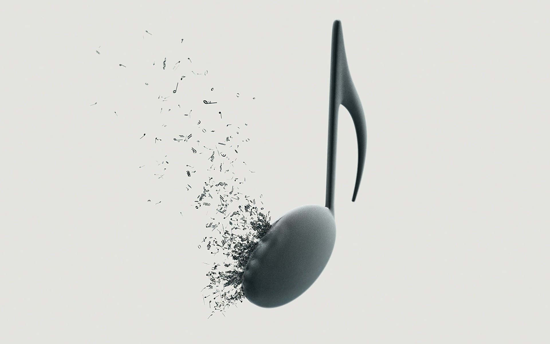 Cute Music 桌布 壁紙 — 一個時尚的黑色音符在柔和的灰色背景上分解成漂浮的碎片。
