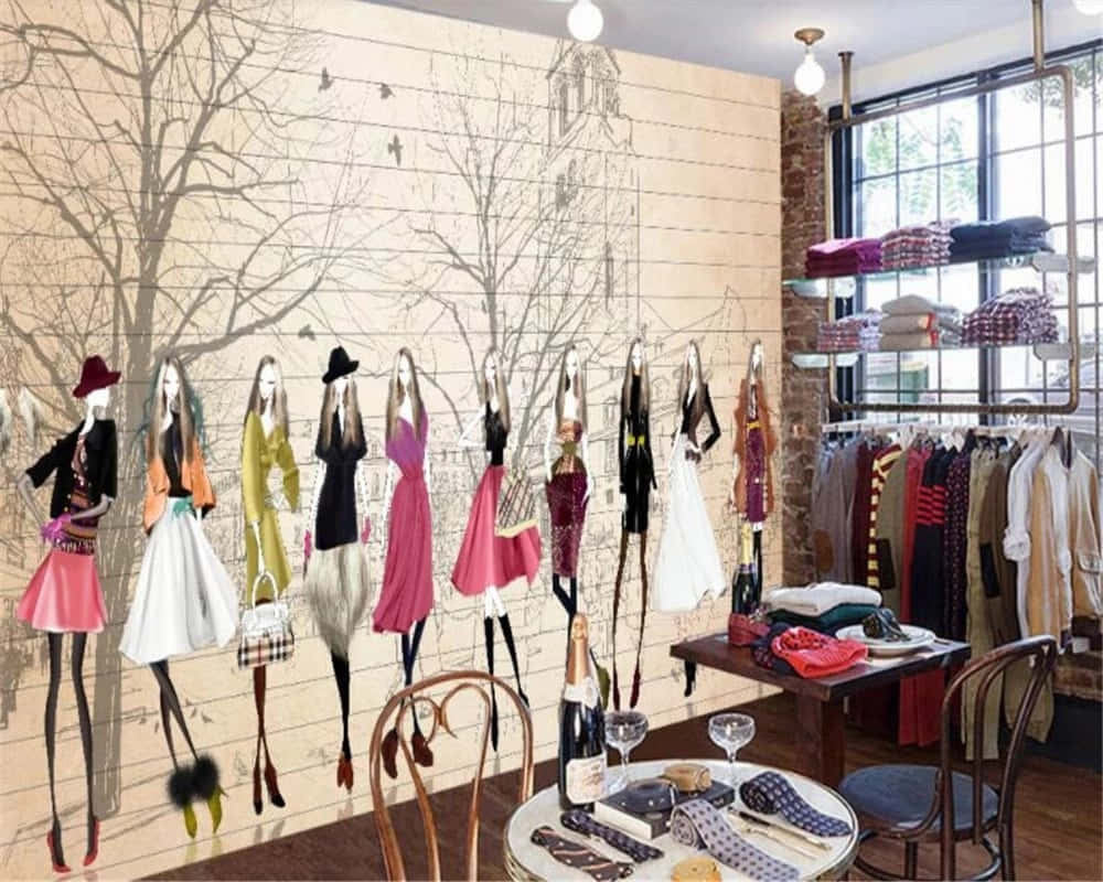 Clothing Design 桌布 壁紙 — 一個時尚精品店的內部，牆上壁畫有插圖時尚娃娃，旁邊有裸樹和磚柱，還有衣架和放有酒和配件的桌子。