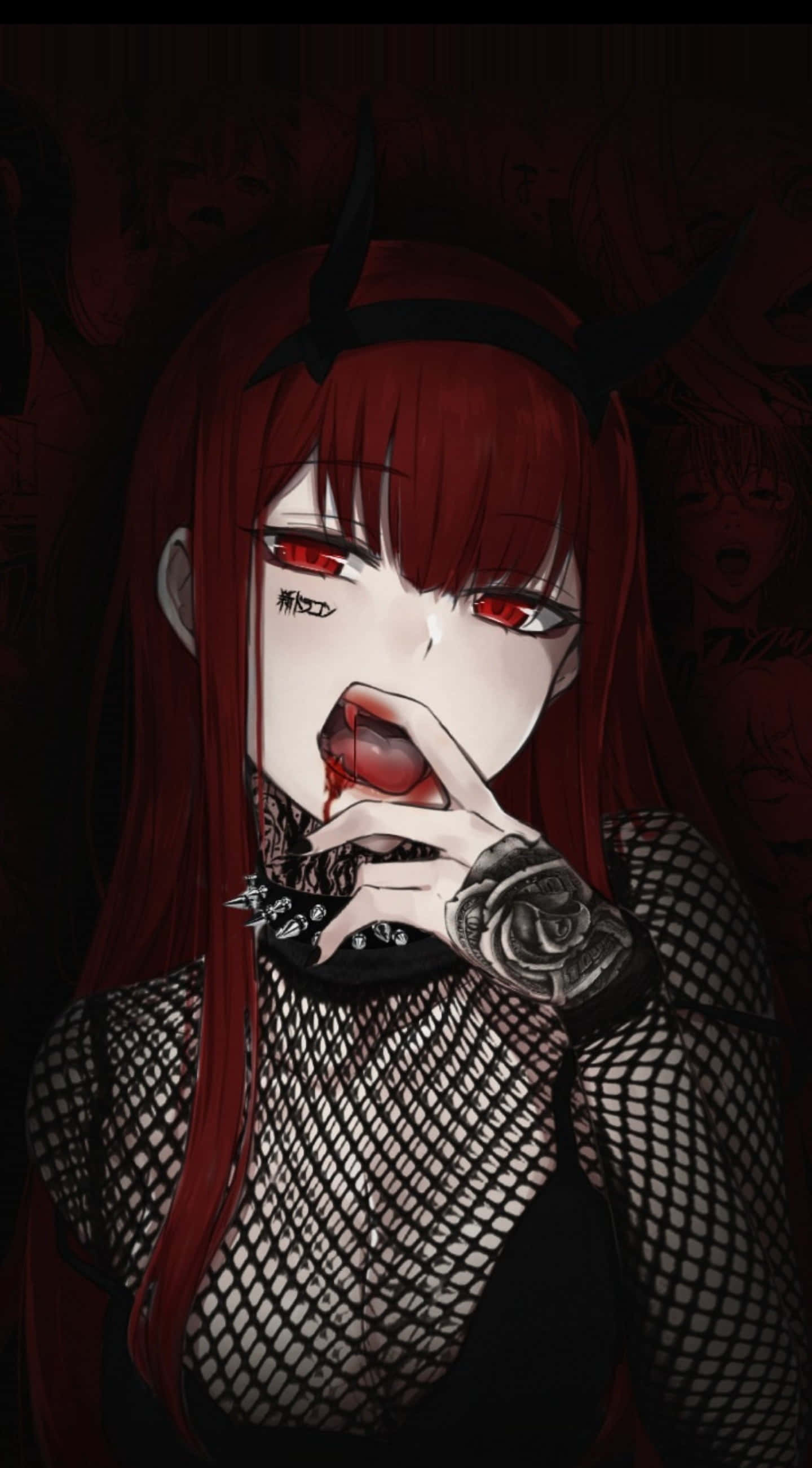 Gothic Costumes 桌布 壁紙 — 一個暗黑動漫女孩，紅髮有角，穿著魚網上衣和玫瑰紋身，咬著手指。