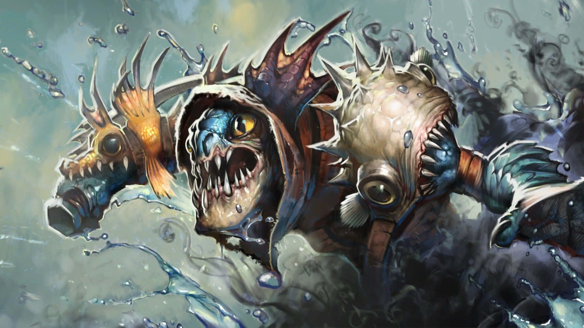 Dota 2 Heroes 桌布 壁紙 — 一個有三個頭、長滿尖刺和利齒的恐怖水生怪物，在動態的奇幻插圖中衝破翻騰的水面。