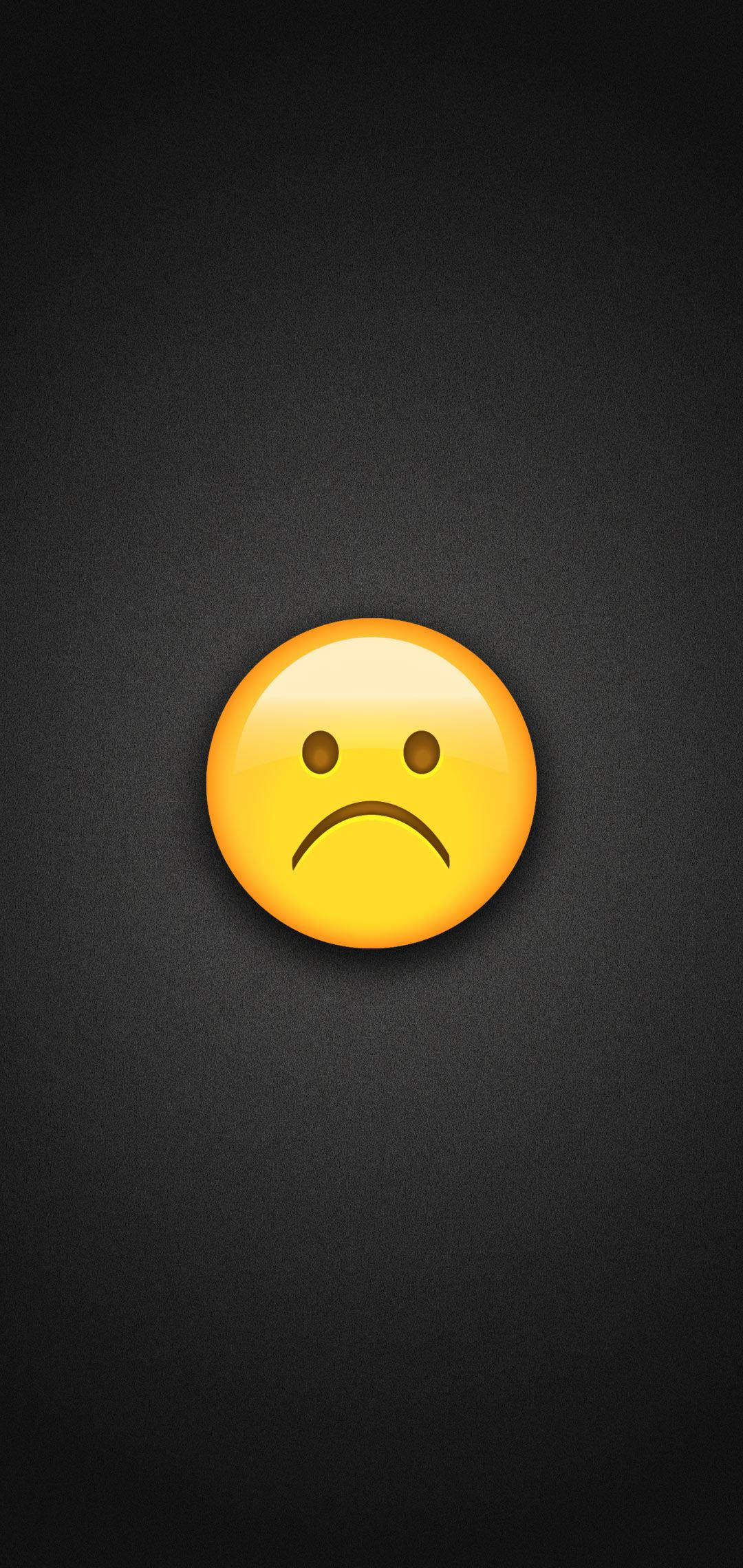 emoji 桌布 壁紙 — 一個有光澤的黃色悲傷表情符號，居中在深色紋理背景上。
