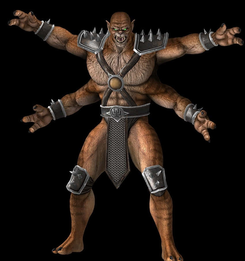 Mortal Kombat Kintaro 桌布 壁紙 — 一個有四隻手臂、發著綠光眼睛、穿著尖刺盔甲的可怕食人魔站在黑色背景前。