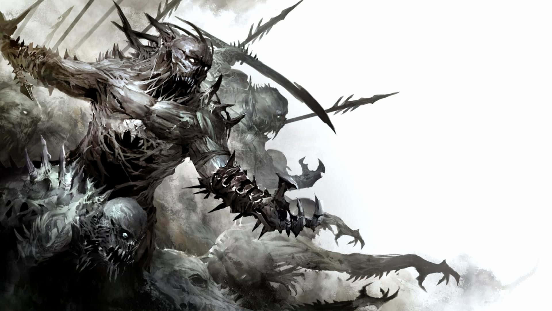 Cool Demon 桌布 壁紙 — 一個有多個肢體和頭骨的可怕尖刺生物，在純白色背景上向前猛撲。