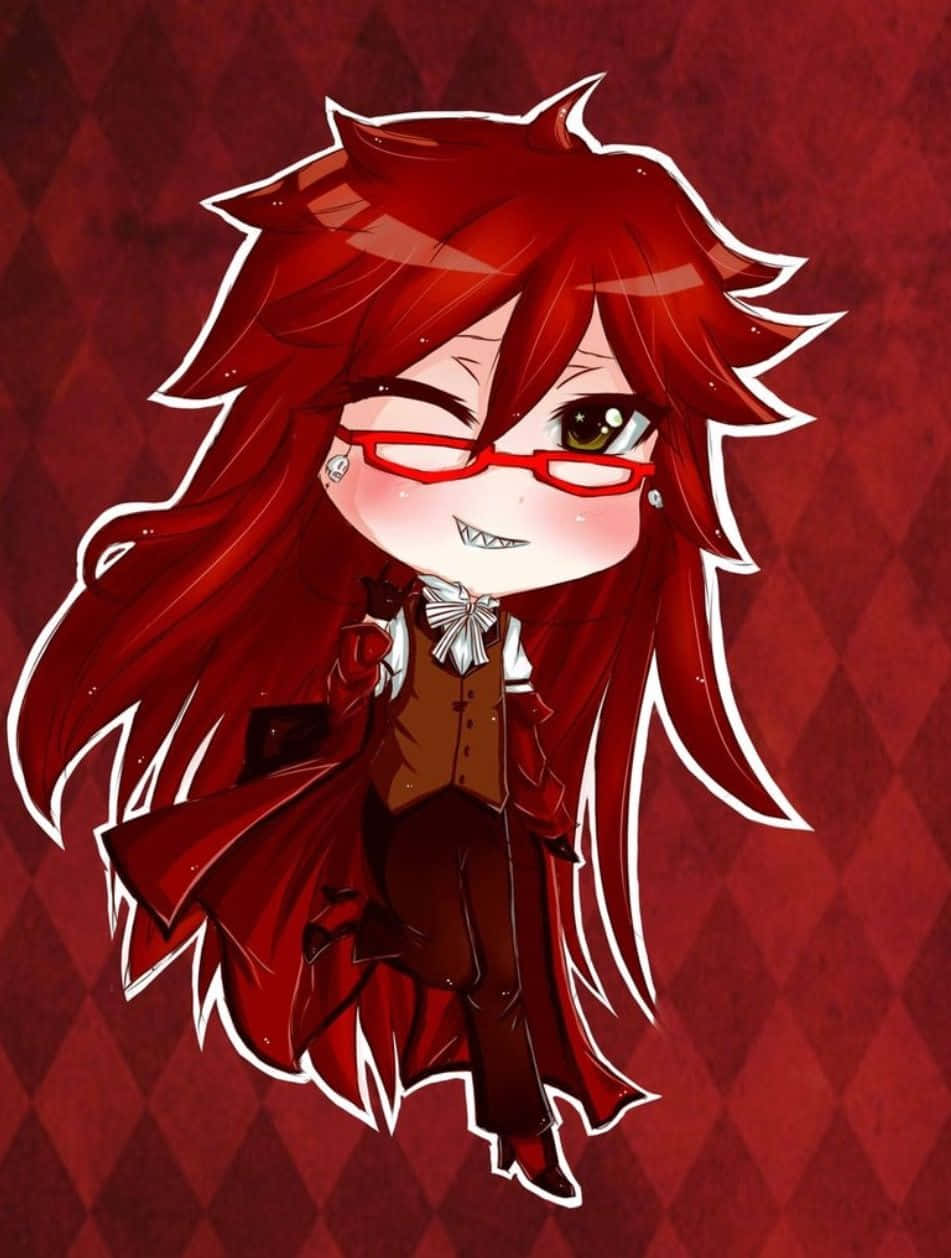 Grell Sutcliff 桌布 壁紙 — 一個有尖刺紅髮和紅色眼鏡的Q版動漫角色，在紅色菱形圖案背景上頑皮地微笑。
