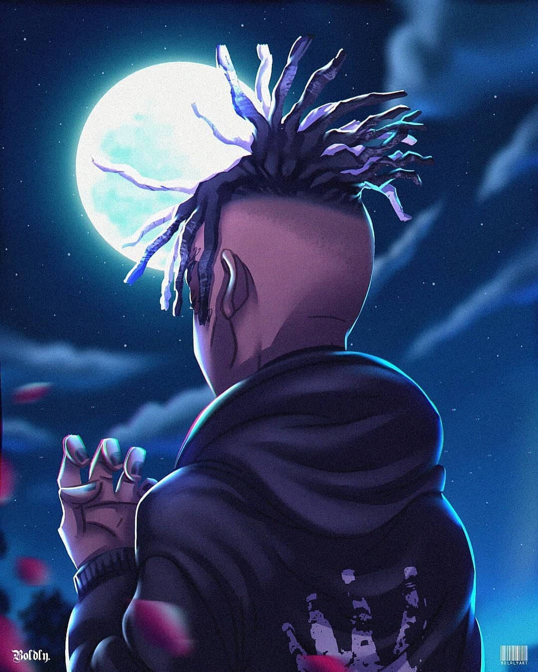 Digital 桌布 壁紙 — 一個有尖刺辮子的人凝視著發光的月亮，在繁星點點的夜空下，有漂浮的粉紅色花瓣。