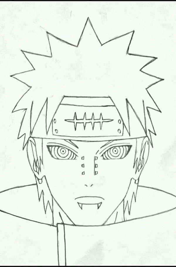 Akatsuki Drawing 桌布 壁紙 — 一個有尖刺頭髮、頭帶和尖牙的動漫角色的黑白線條畫。