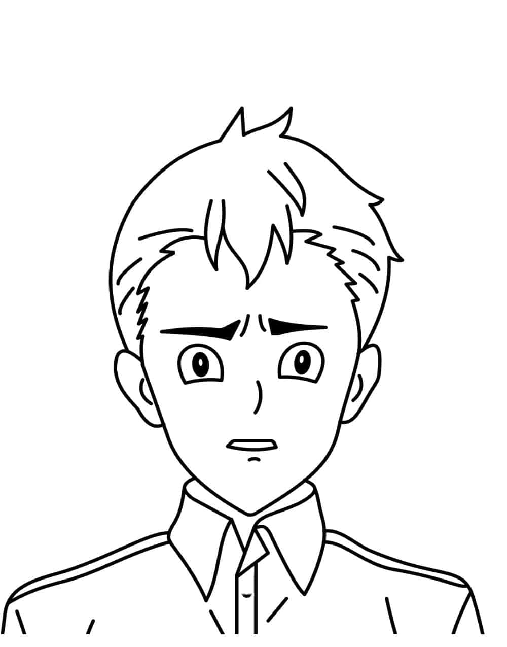 The Promised Neverland Don 桌布 壁紙 — 一個有尖刺頭髮和憤怒表情的年輕男子穿著有領襯衫的黑白線條畫。