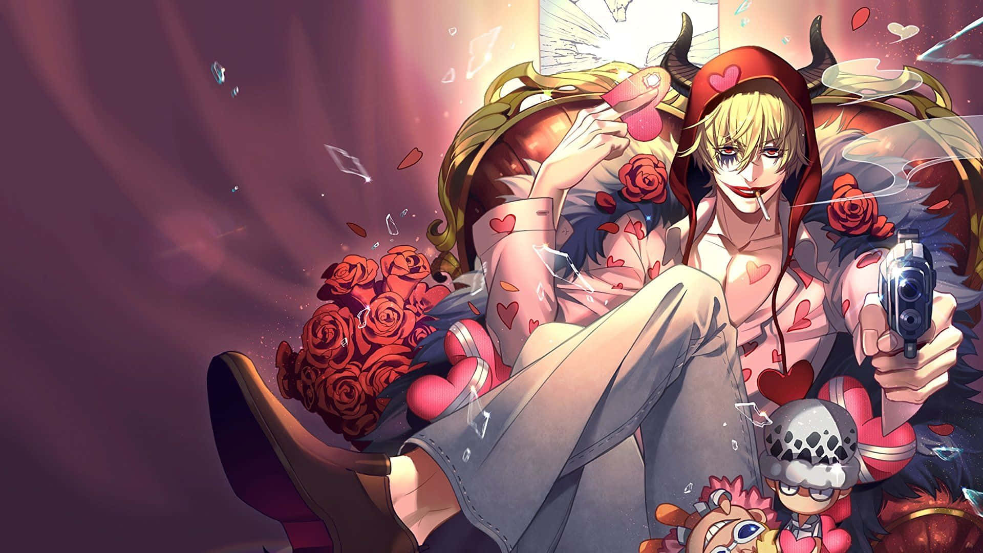 Donquixote Doflamingo 桌布 壁紙 — 一個有惡魔角的動漫角色懶洋洋地坐在心形椅子上，拿著一支槍和一朵玫瑰，同時一個小生物抬頭看著。