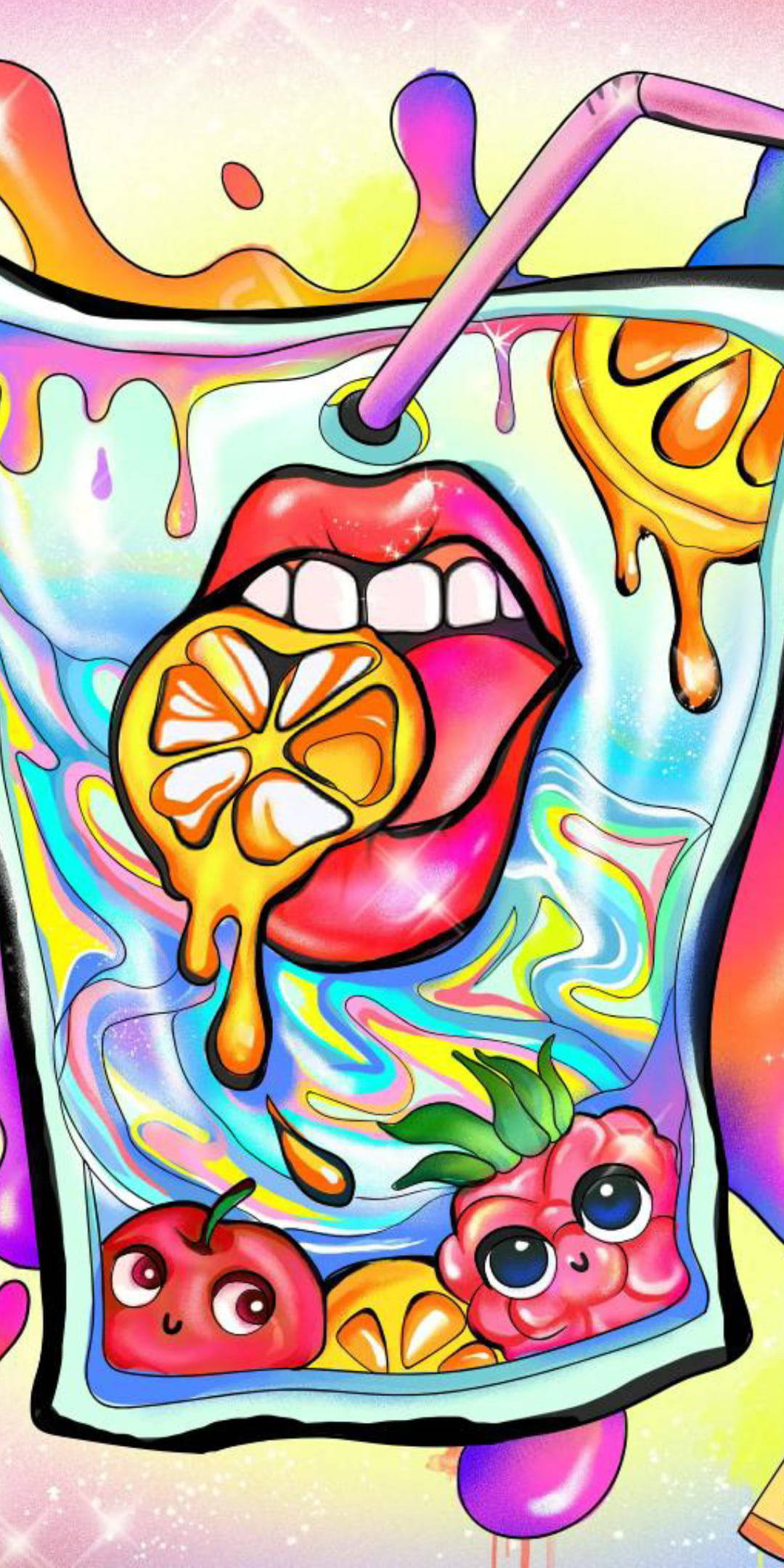 彩色 桌布 壁紙 — 一個有牙齒的卡通嘴巴咬住一片檸檬片，檸檬片從一杯有可愛水果角色的彩色飲料中滴落。