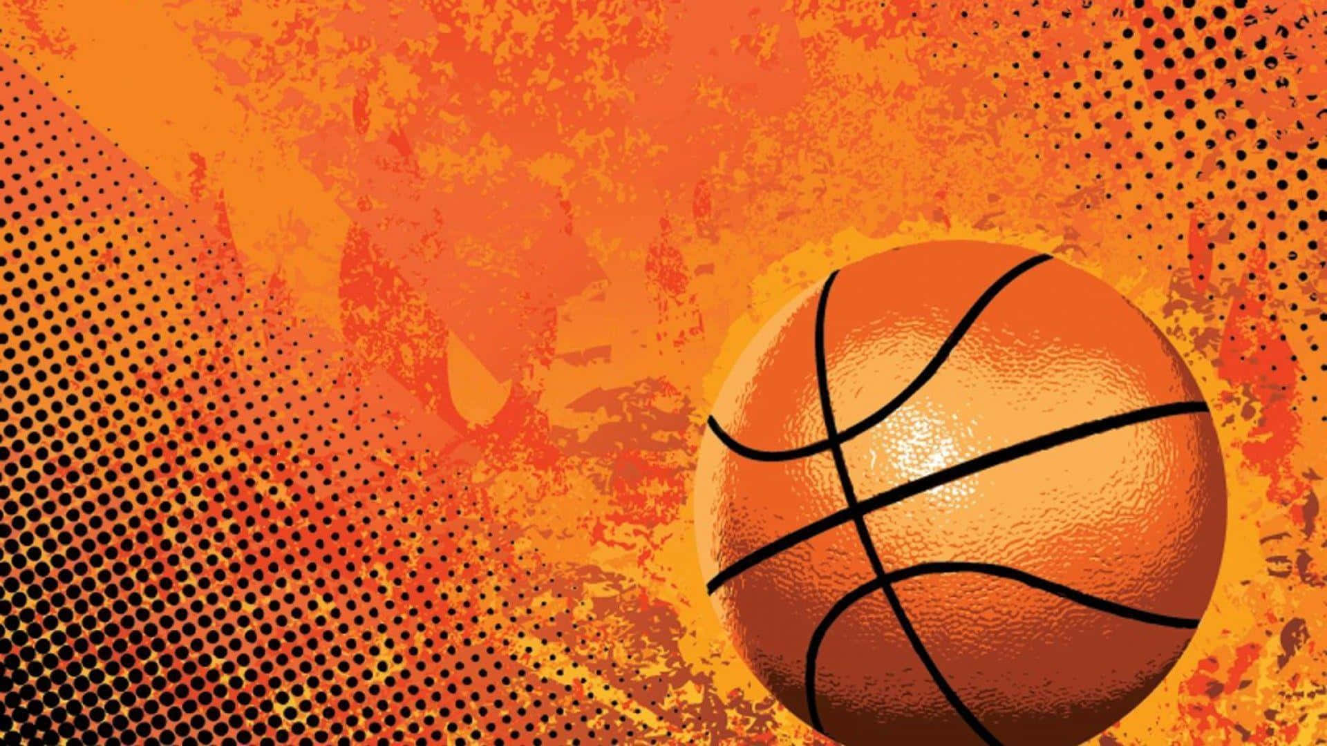 Cool Basketball 桌布 壁紙 — 一個有紋理的橙色籃球在帶有半色調點和潑濺效果的熾熱橙色背景上發光。