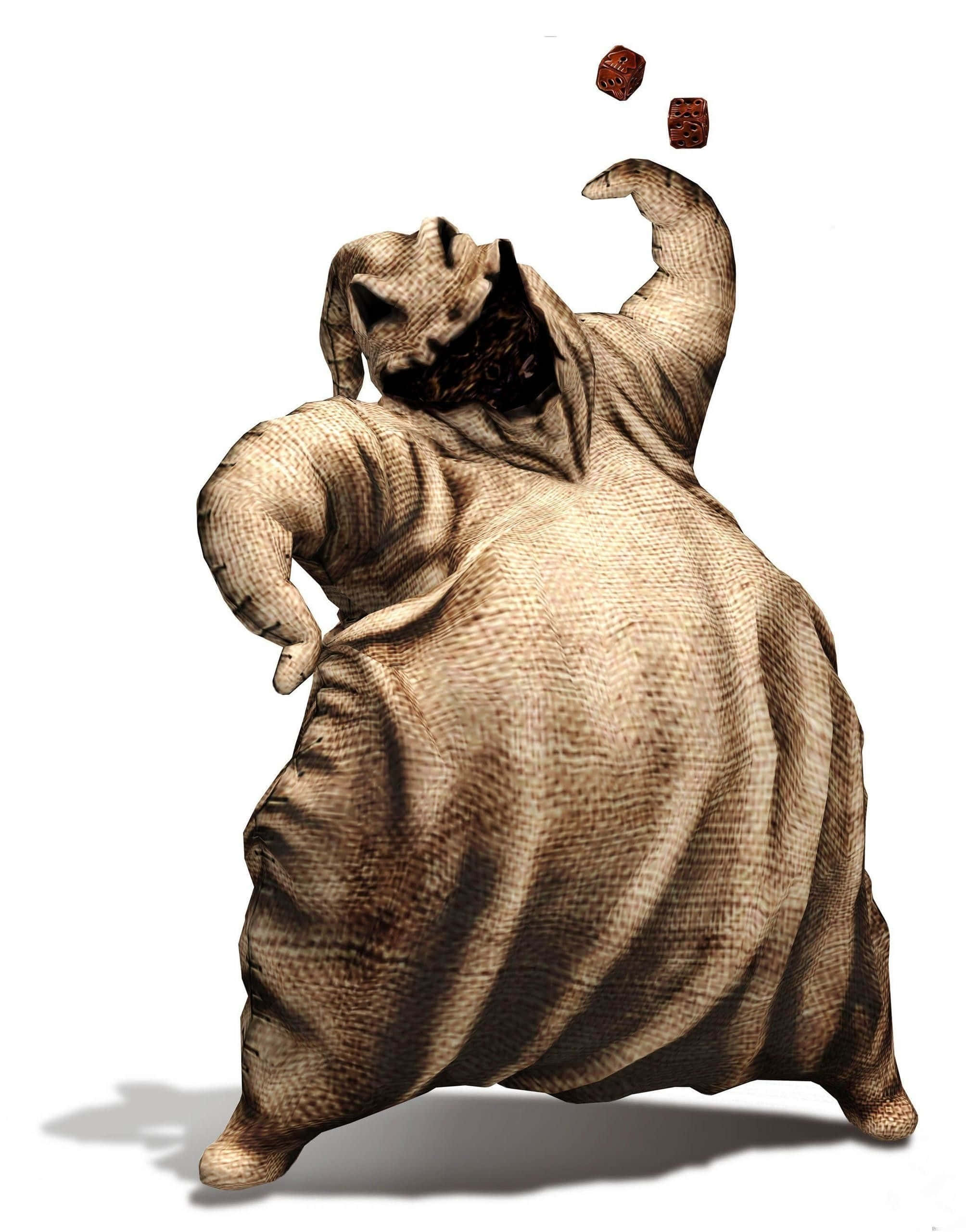 Oogie Boogie 3D 壁紙 — 一個有紋理的麻袋狀生物戴著小丑面具，在純白背景上拋接兩個骰子。