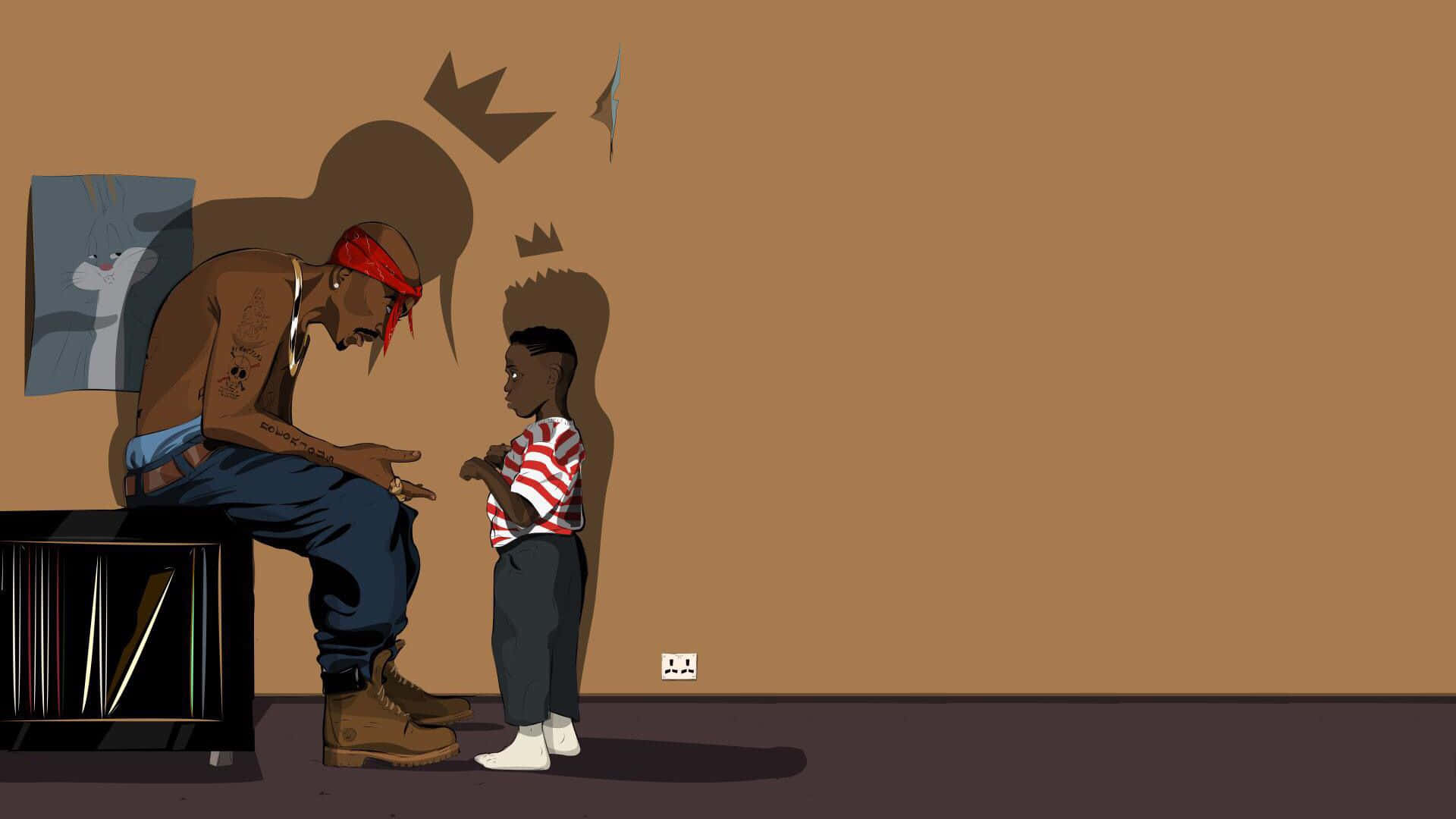 Tupac 桌布 壁紙 — 一個有紋身、戴紅色頭巾的男人坐在電視櫃上，與一個穿著條紋衫的小孩在純棕色牆前交談。