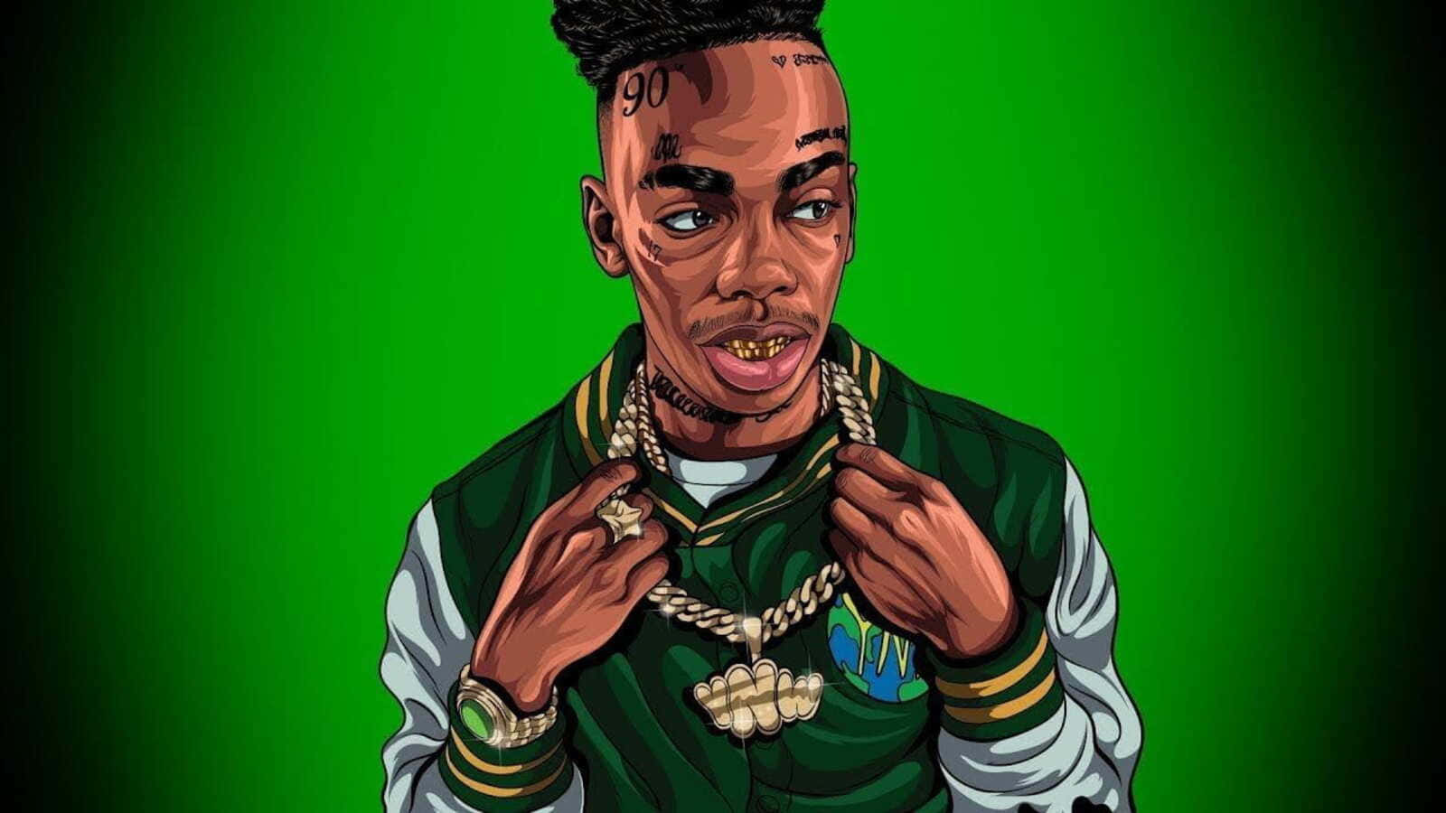 Ynw Melly Cartoon 桌布 壁紙 — 一個有紋身和戴金鏈的男人，在充滿活力的綠色背景上的風格化插圖。