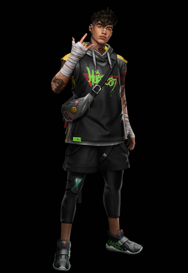Free Fire Shirou PNG 壁紙 — 一個有紋身和繃帶手的風格化年輕男子，穿著塗鴉連帽衫，在黑色背景前自信地擺姿勢。
