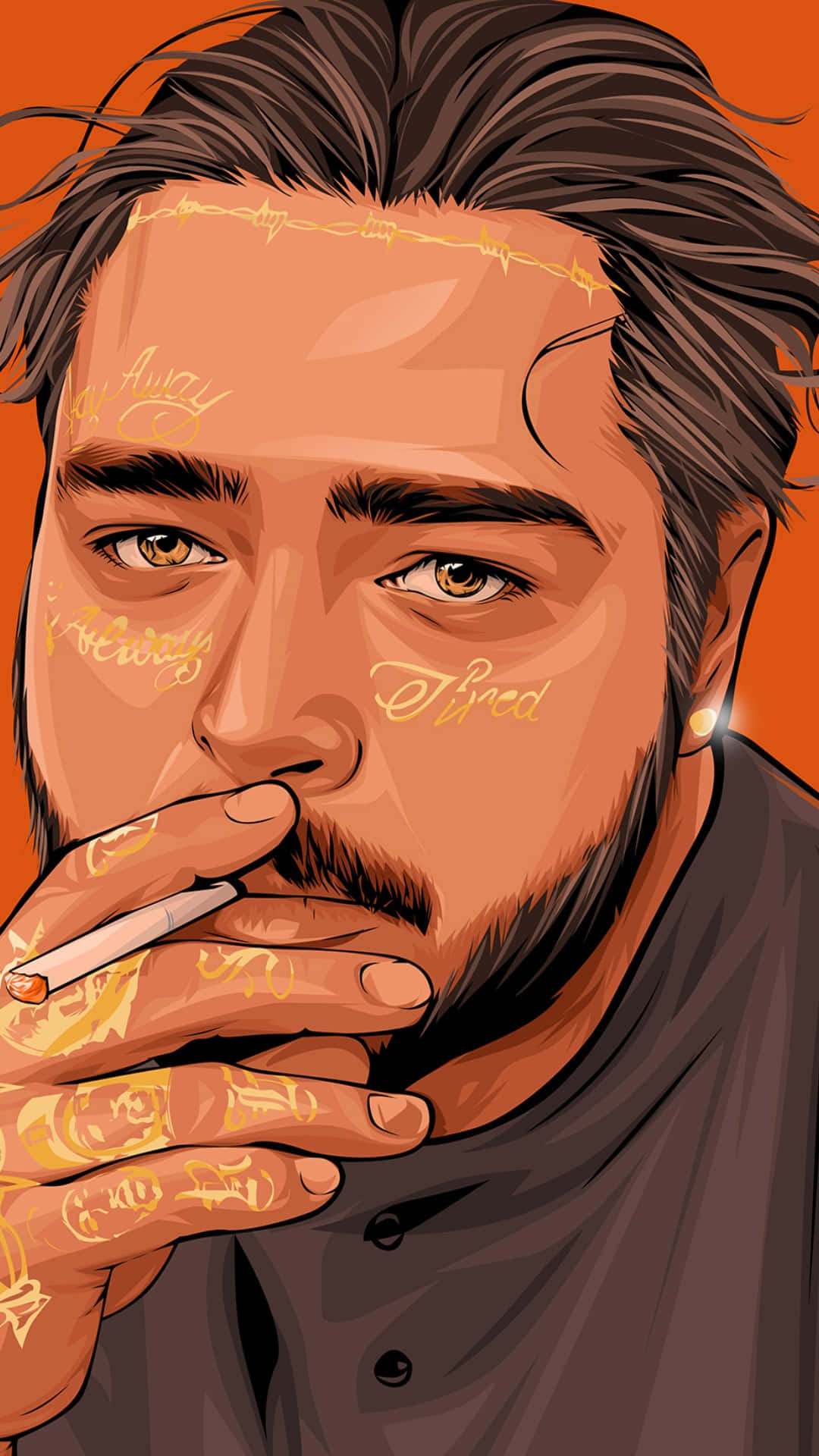 Post Malone 桌布 壁紙 — 一個有紋身和香煙的男人的風格化插圖，背景為溫暖的橙色。