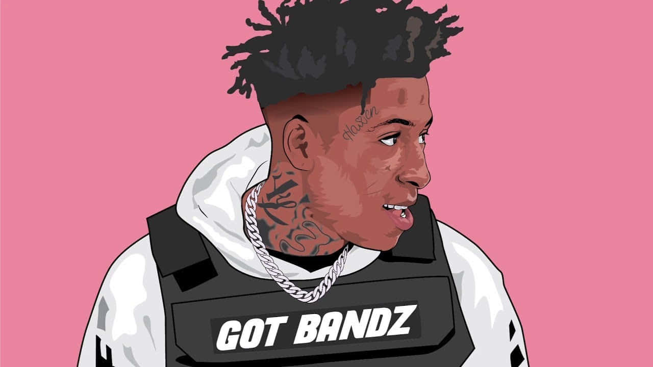 NBA YoungBoy 桌布 壁紙 — 一個有紋身嘅男人，着住 'GOT BANDZ' 背心，喺純粉紅色背景前嘅風格化插圖。