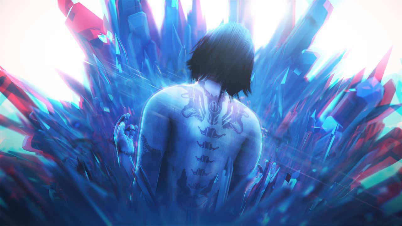 Halo Cortana 桌布 壁紙 — 一個有紋身的人站在超現實的數碼場景中，背後是發光的藍色和紅色水晶碎片。