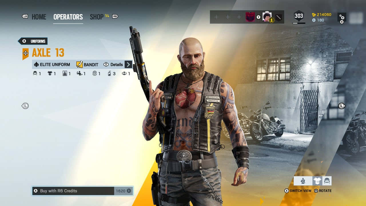Rainbow Six Siege Bandit 桌布 壁紙 — 一個有紋身的光頭鬍鬚男在夜晚的陰暗城市後巷中手持霰彈槍。